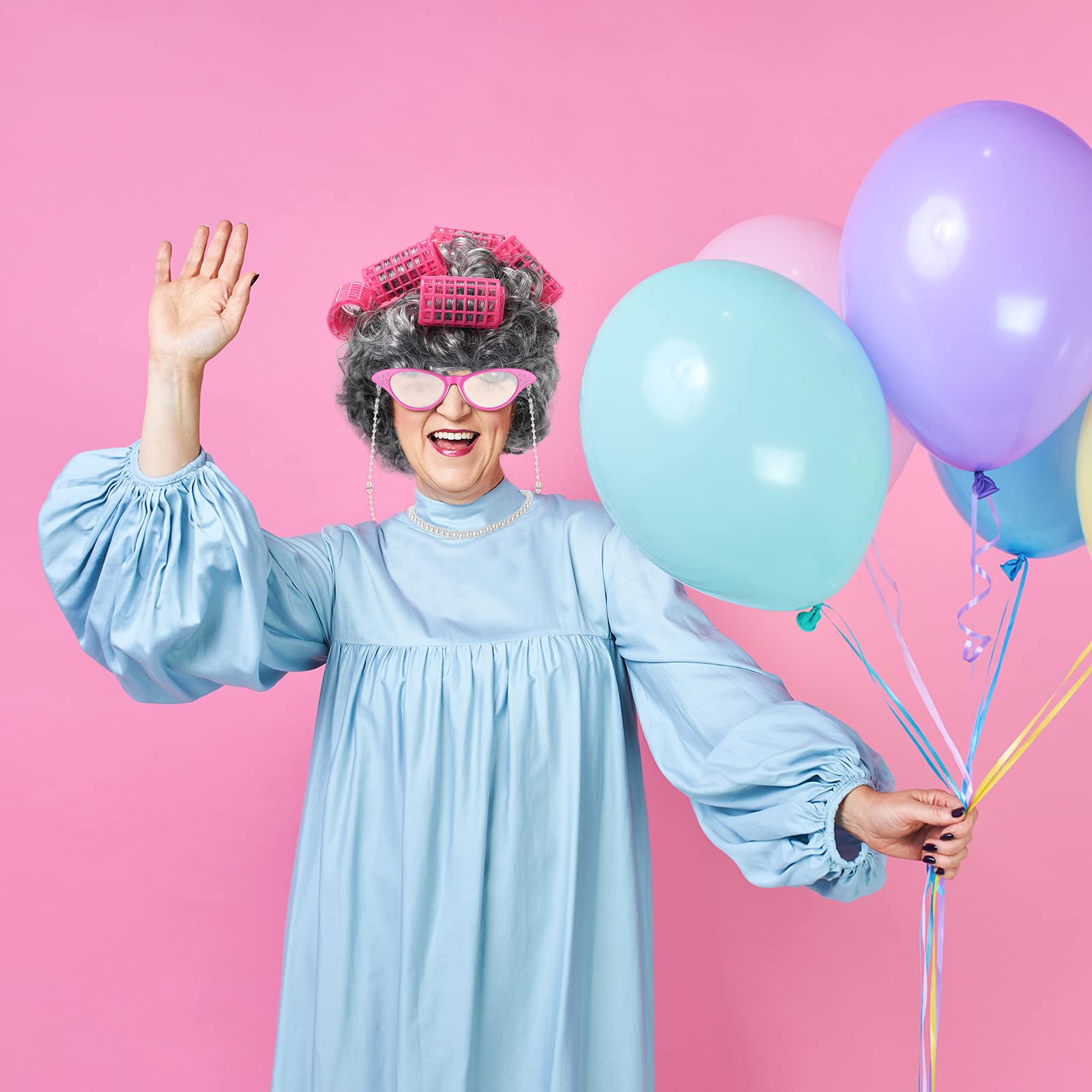 7-Piece Old Lady Costume Set with Gray Wig & Hair Rollers - Halloween Dress Up for Kids & Adults - Perfect for Halloween Parties, Cosplay & Themed Events