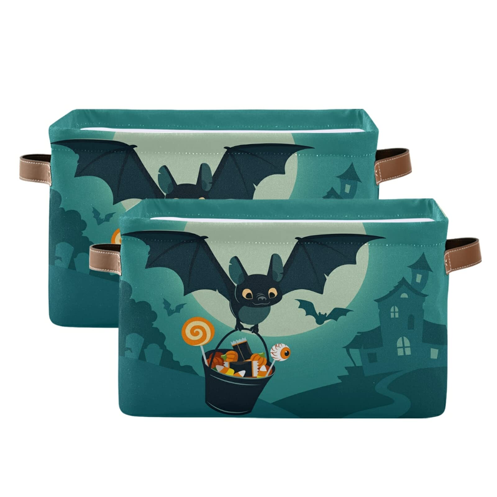 Halloween Cute Bat Flying Foldable Storage Basket - Waterproof Collapsible Fabric Storage Bin with Handles for Shelves, Nursery, Home & Closet Organization (2 Pack) - Perfect for Halloween Decor, Kids Room Storage & Closet Organization