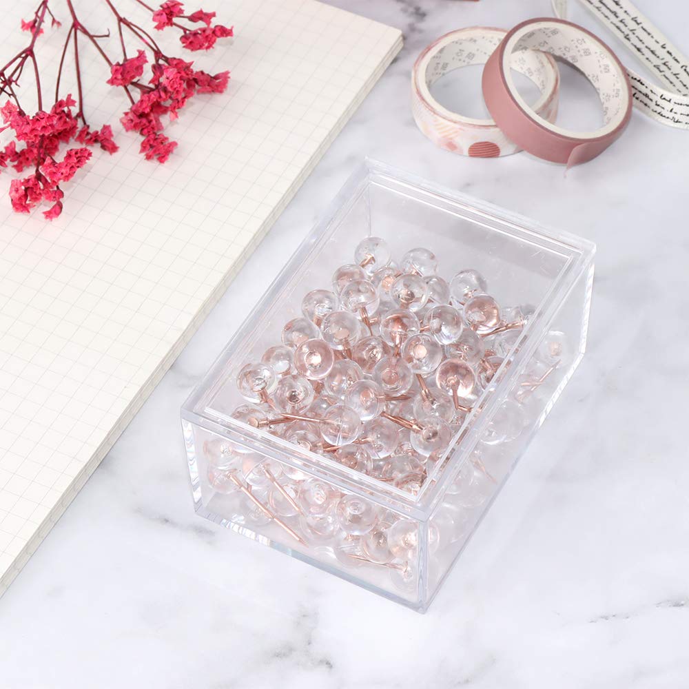 120-Count Rose Gold Steel Point Clear Round Head Push Pins - Thumb Tacks for Cork Board, Bulletin Board & Office Organization | Perfect for Home, School & Office Use