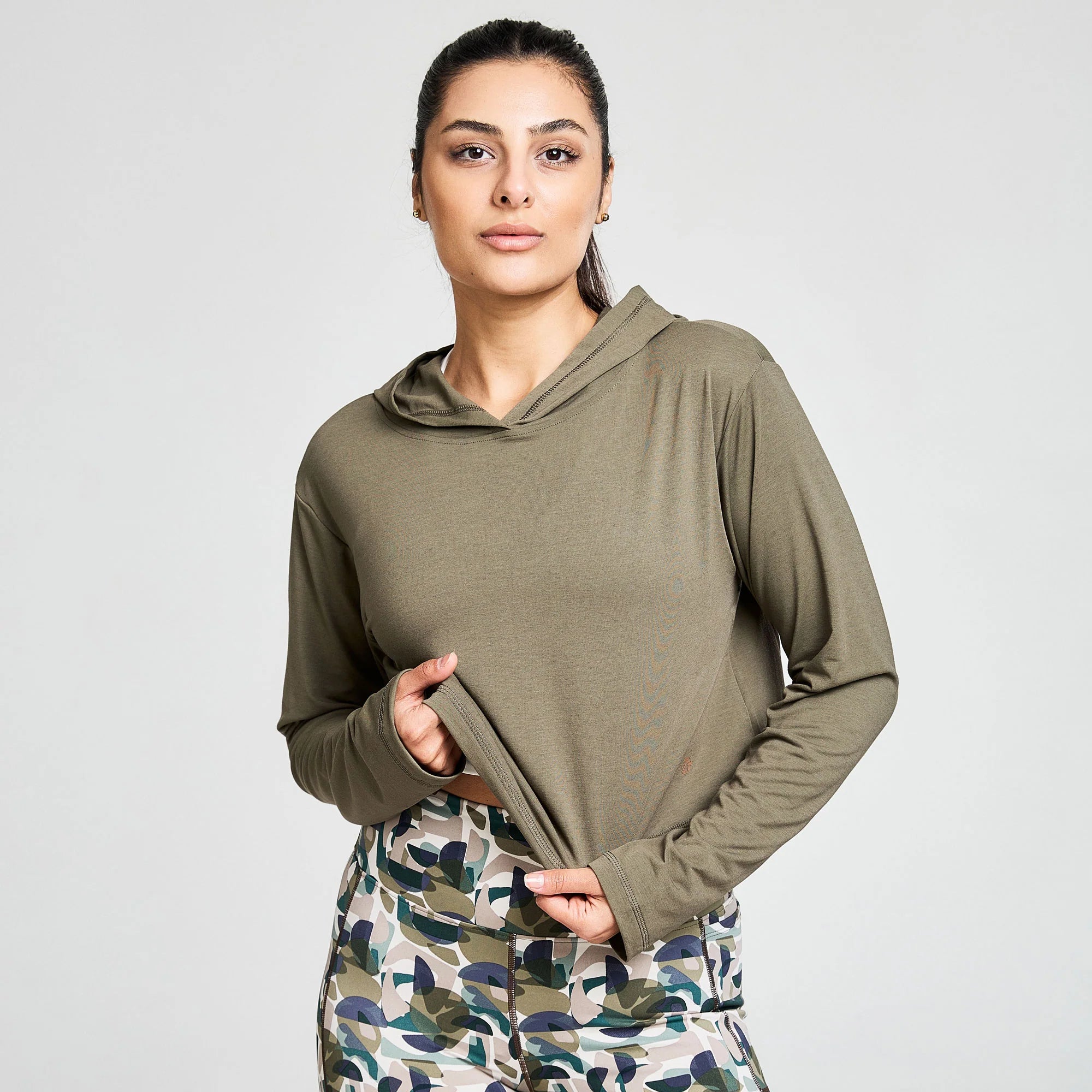 BAHE Zephyr Short Sleeve Boxy Hooded Tee for Women - Casual Oversized Hoodie in Khaki | Perfect for Streetwear, Loungewear & Everyday Outfits