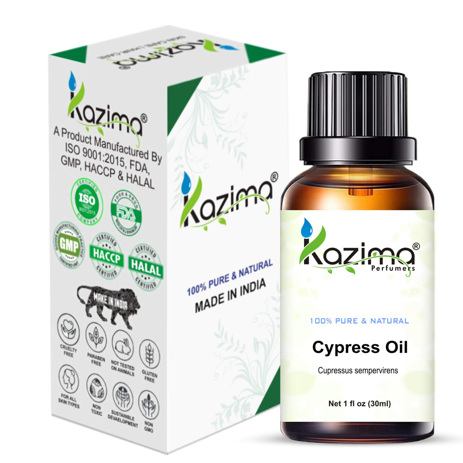 KAZIMA 100% Pure Natural Cypress Essential Oil - Undiluted for Skin Care, Hair Growth & Aromatherapy (30ml) - Perfect for Diffusers, Massage & DIY Beauty Products