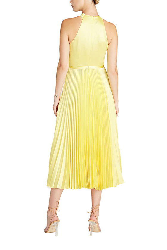 Elegant Satin Midi Dress with Crossover Neckline in Lemon Yellow - Perfect for Cocktail Parties, Date Nights & Summer Weddings