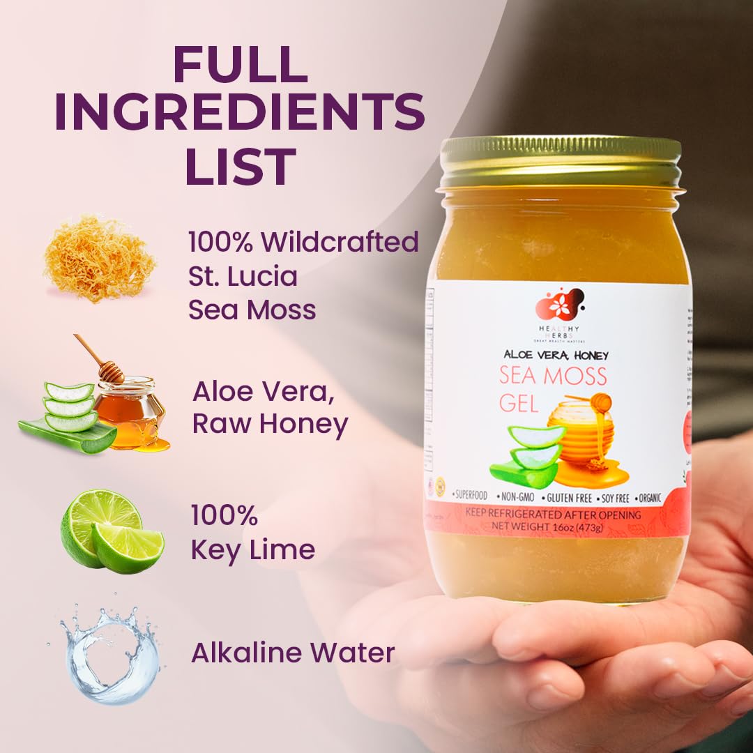 Premium Wildcrafted Jamaican St. Lucia Gold Sea Moss Gel with Aloe Vera & Honey | 90+ Essential Vitamins & Minerals | Vegan, Non-GMO, US-Made Superfood (16 oz) - Perfect for Smoothies, Skin Care & Immune Support
