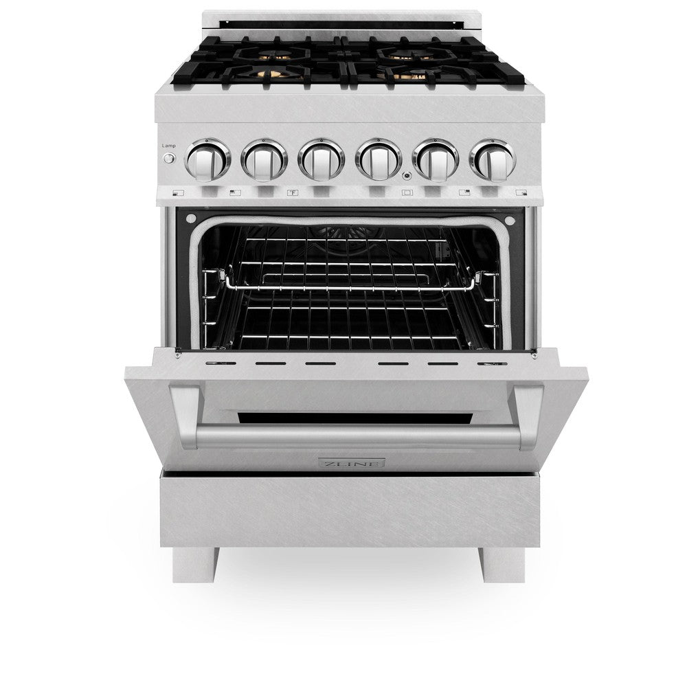 ZLINE 24 Inch 2.8 Cu. Ft. Dual Fuel Range - Gas Cooktop & Electric Convection Oven in Satin Stainless Steel with 4 Brass Burners (RAS-SN-BR-24) - Perfect for Modern Kitchens & Professional Cooking