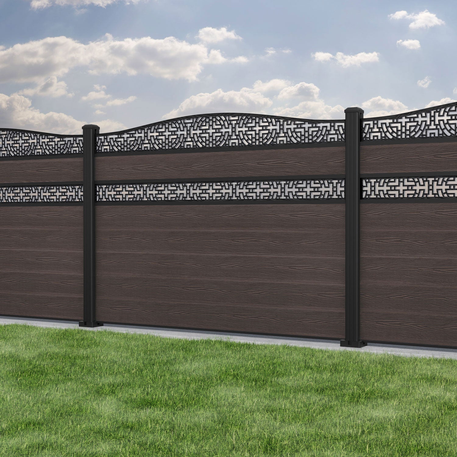 Classic Kumo Curved Top Split Screen Fence Panel - Mid Brown Wood Privacy Screen with Aluminum Posts - Perfect for Backyard, Patio, and Garden Decoration