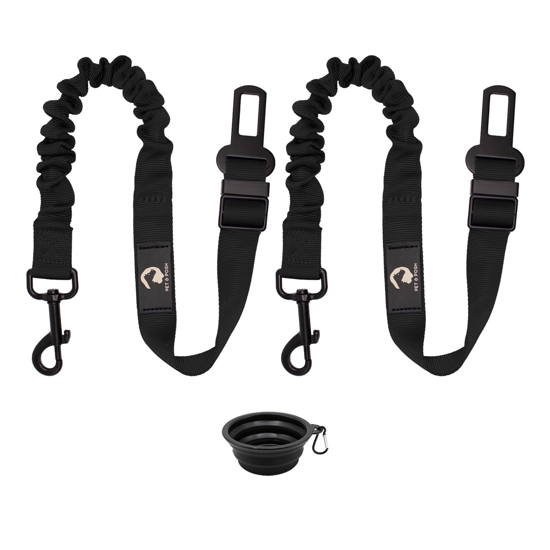 **PawSafe Retractable Adjustable Dog Car Seatbelt - Heavy Duty Elastic Pet Safety Harness with Travel Bowl - Secure & Comfortable for Small Medium Large Dogs - Perfect for Road Trips & Daily Commutes (Black Belts & Bowl)**