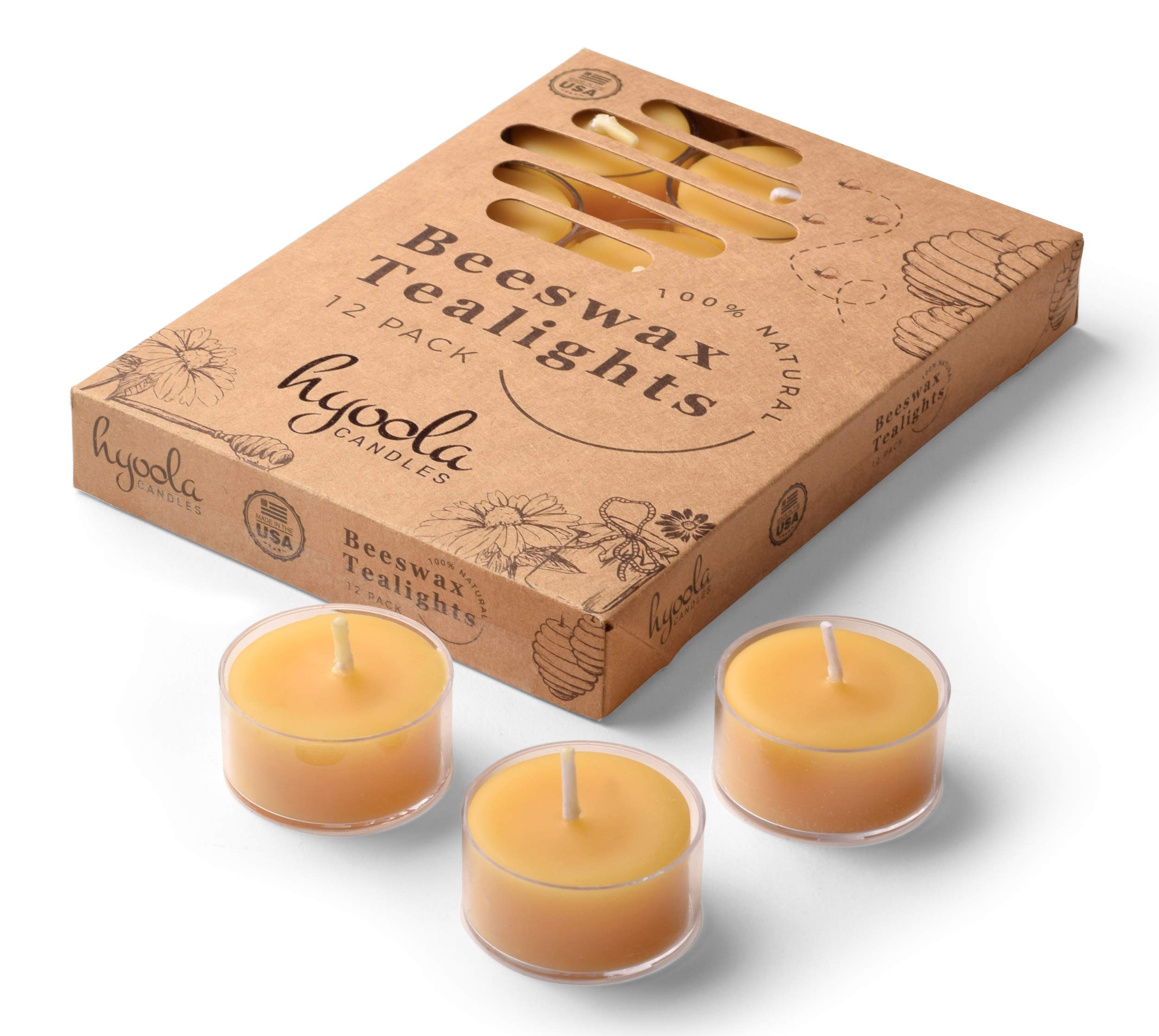 Hyoola Pure Beeswax Tea Light Candles - Handmade Unscented Decorative Candles with 4-Hour Burn Time in Clear Cups (Pack of 12) - Perfect for Weddings, Spa Relaxation & Home Decor