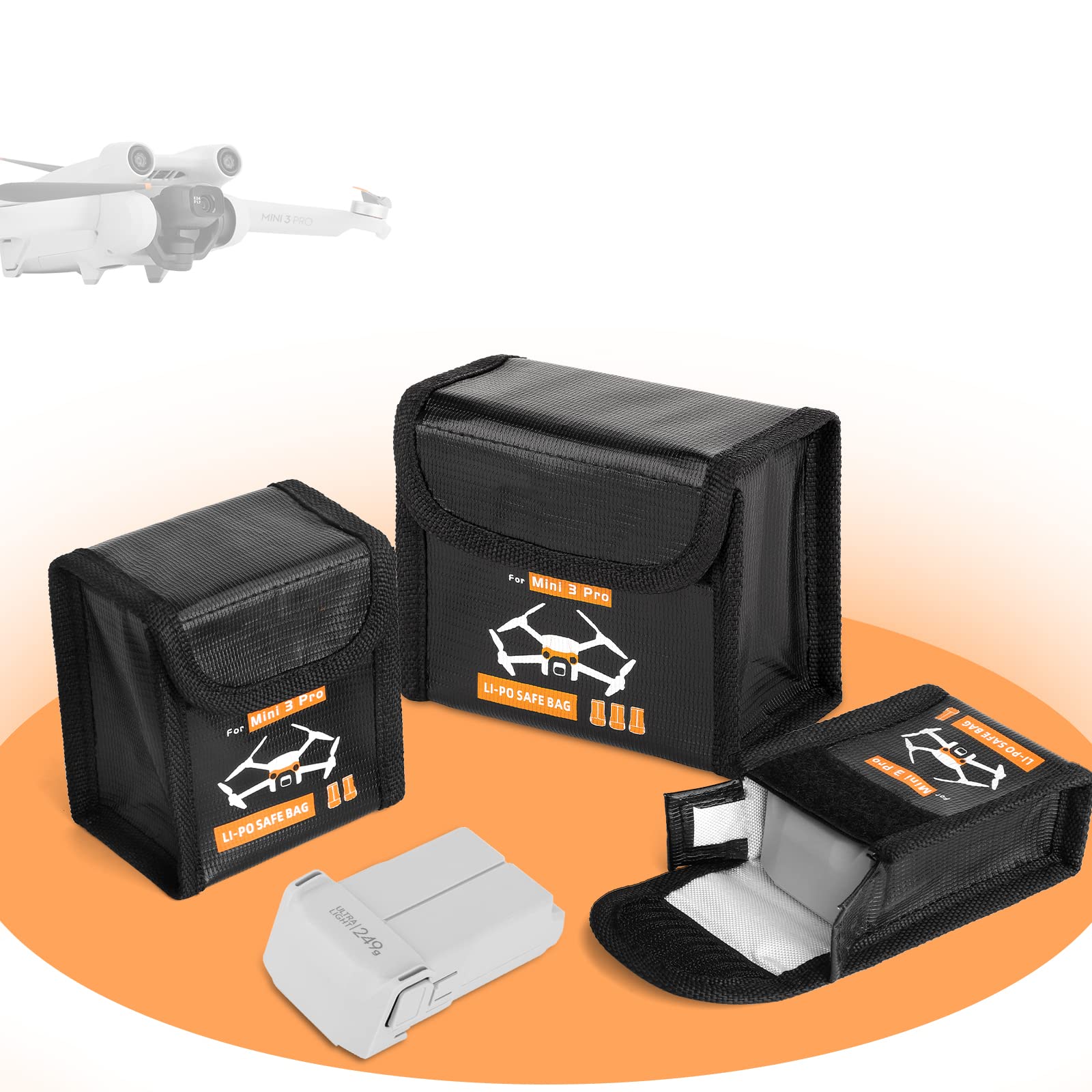 Explosion-Proof Lipo Battery Storage Bag for DJI Mini 3/Mini 3 Pro - Fireproof Protective Case with Anti-Humidity & Dustproof Design - Essential Drone Accessories for Safe Battery Charging & Travel Storage (3-Pack)