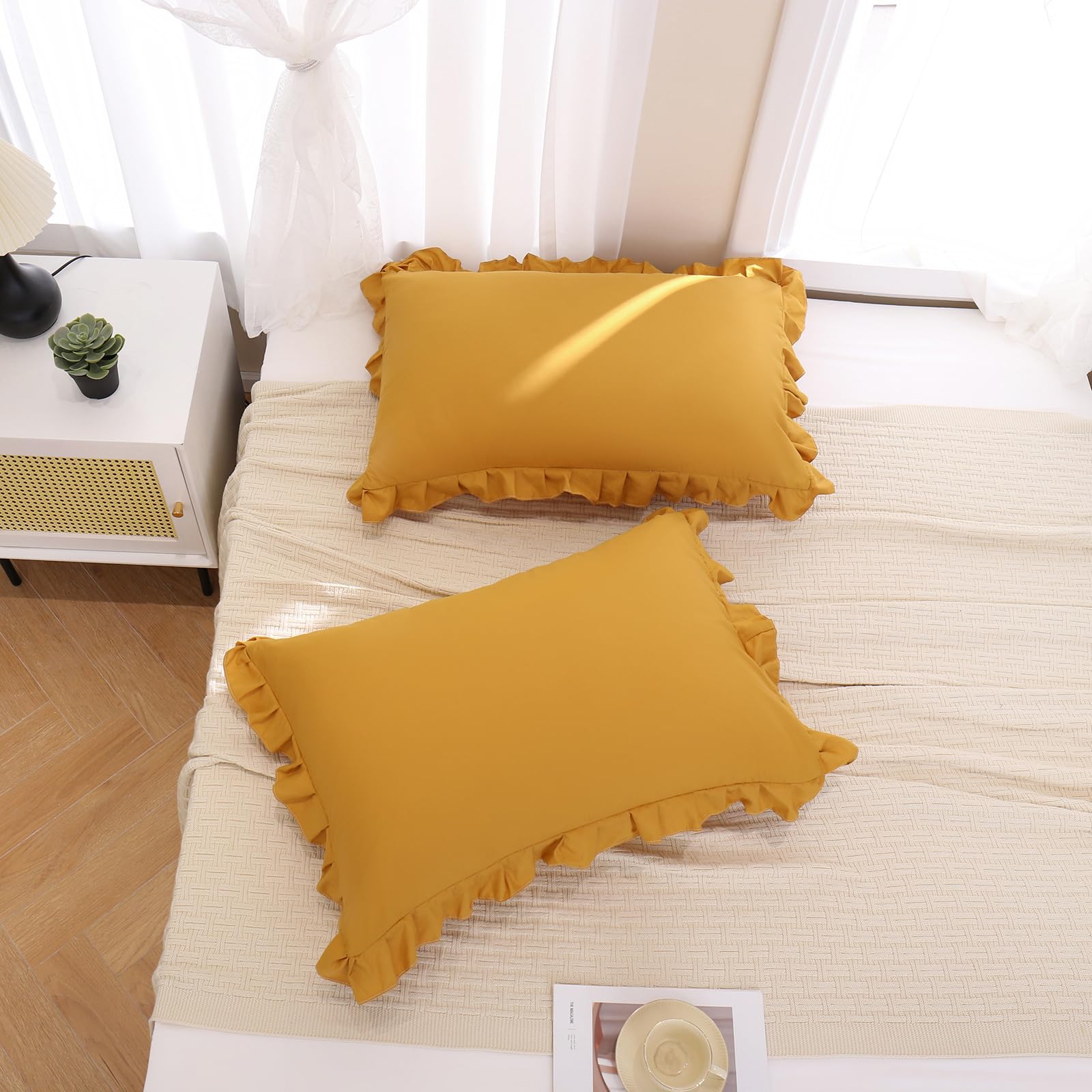 Merryword Mustard Yellow Ruffled Pillowcases Set of 2 - King Size Shabby Chic Pillow Shams with Fringe Design | Perfect for Bedroom Decor, Boho Home Accents & Cozy Farmhouse Style