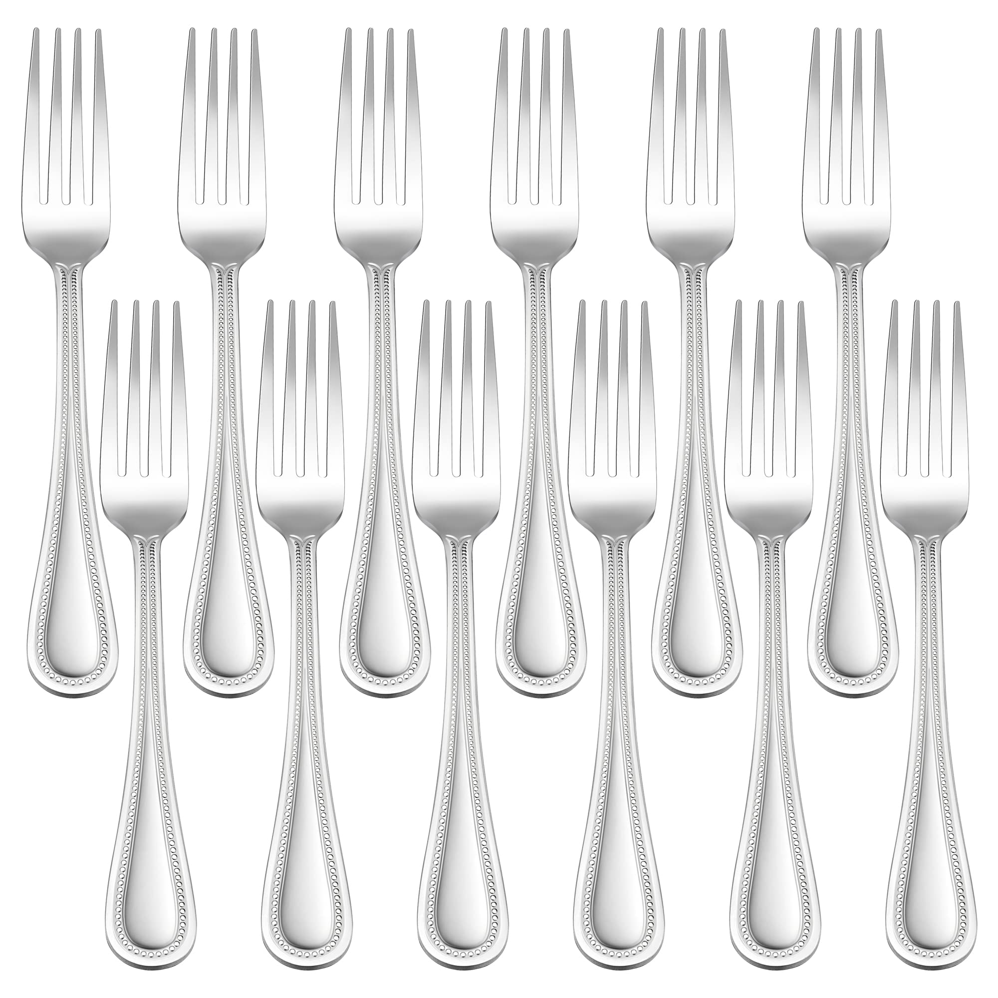 E-far 12-Piece Stainless Steel Salad Forks Set - 6.9 Inch Pearled Edge Dessert Forks for Party, Home, Kitchen & Restaurant - Mirror Polished, Non-Toxic, Dishwasher Safe - Perfect for Dinner Parties, Buffets, and Formal Dining