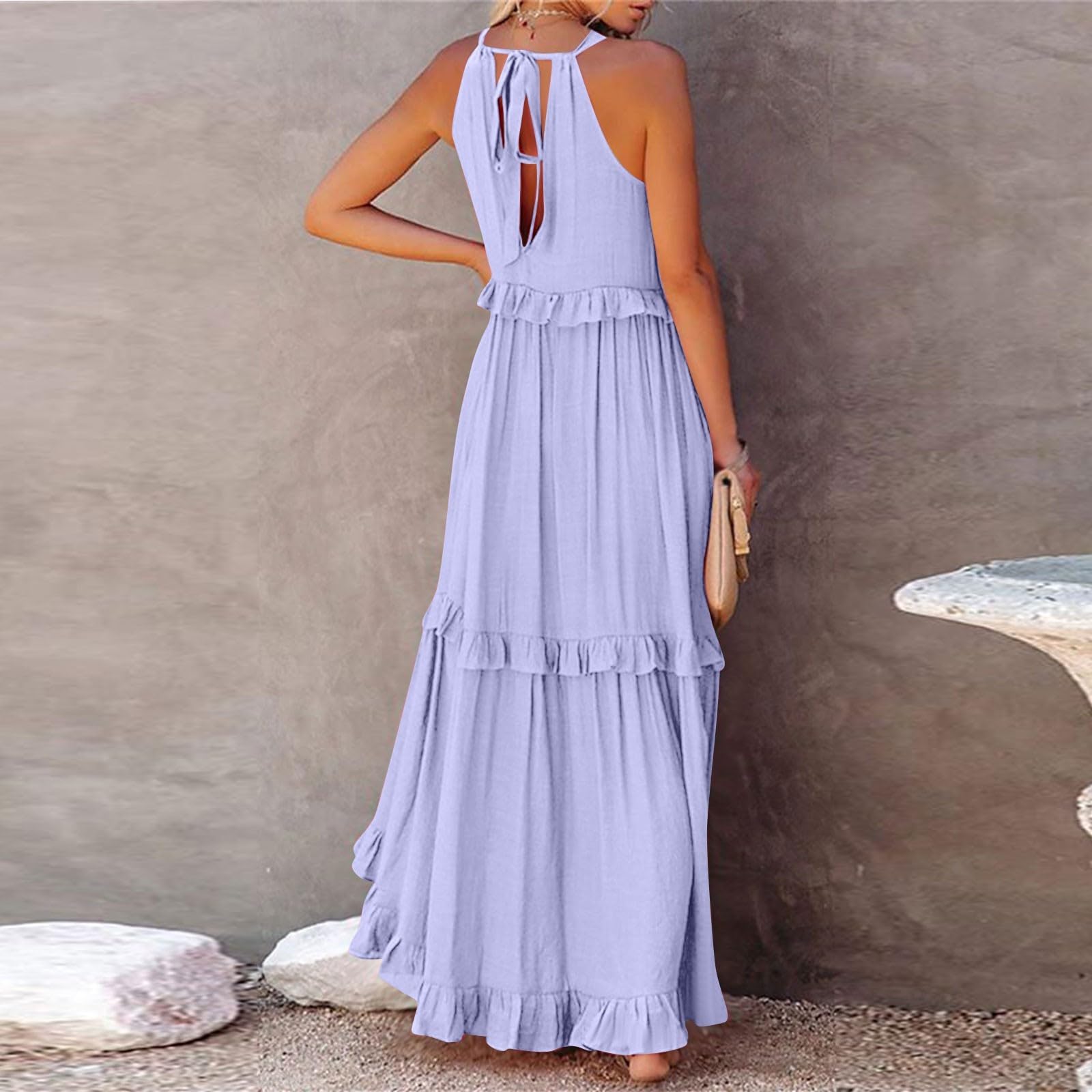 Women's Halter Neck Smocked Tiered Maxi Dress - Flowy Swing Summer Cocktail & Wedding Guest Dress with Pockets | Beach Vacation, Garden Party, Formal Events