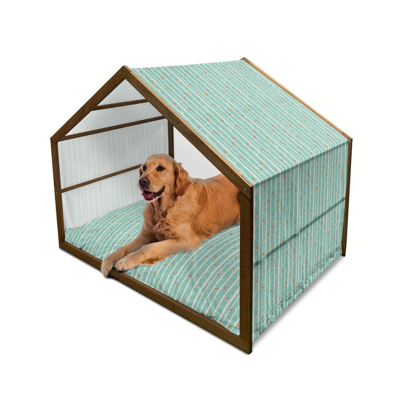 Ambesonne Wooden Dog House for Large Dogs - Indoor & Outdoor Portable Pet Kennel with Pillow & Cover, X-Large Size, Sea Green & Orange Dotted Abstract Forest Design - Perfect for Backyard, Patio, or Home Use