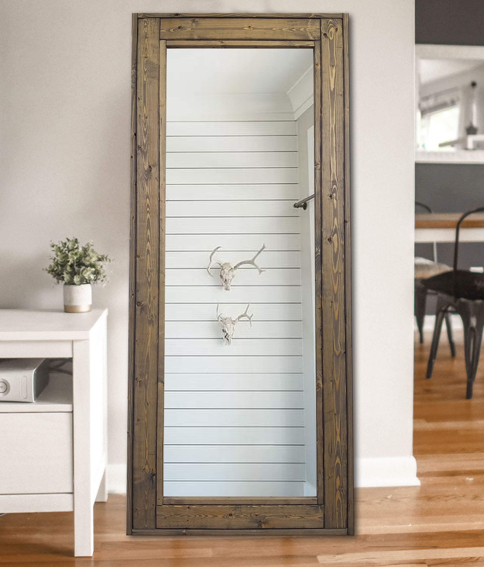 Herringbone Full Length Floor Mirror - Rustic Wood Frame in Weathered Oak (20 Color Options) - Large Rectangle Leaning Mirror for Bedroom, Living Room & Entryway Decor