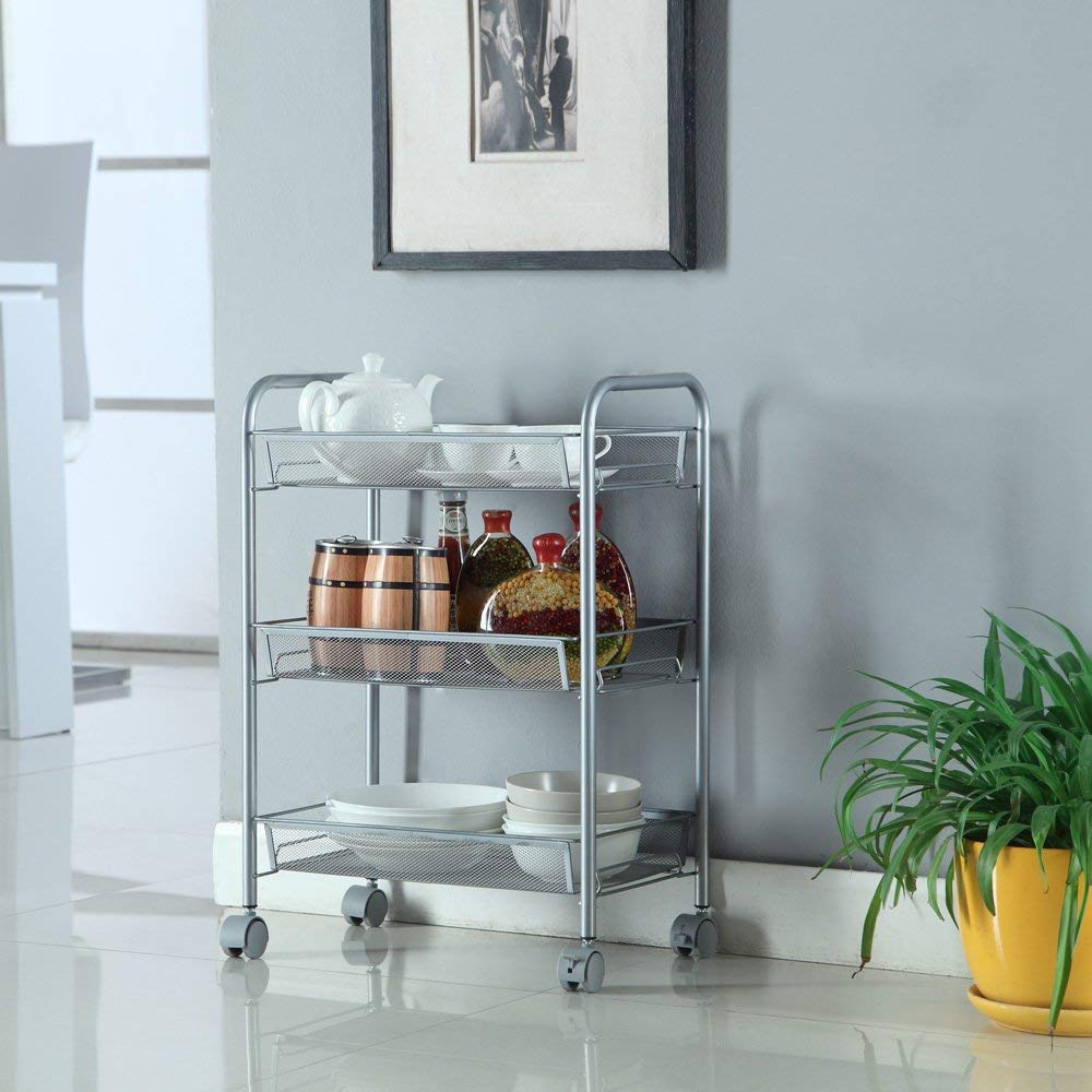 3-Tier Rolling Storage Cart with Lockable Wheels - Metal Honeycomb Mesh Utility Organizer Cart with Steel Wire Baskets for Office, Kitchen, Bathroom & Bedroom - Space-Saving Mobile Shelf for Home & Office Organization (Silver)