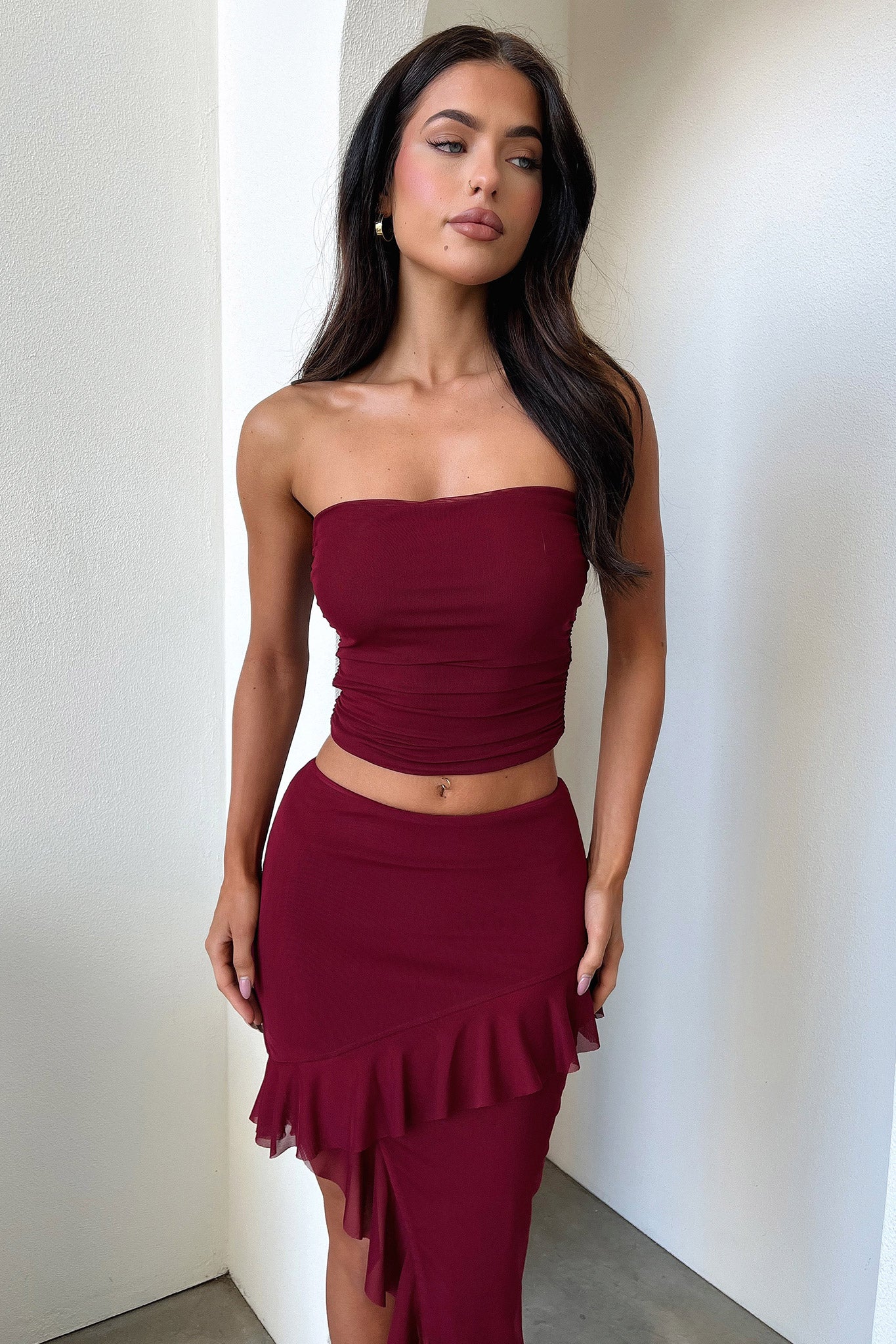 Stylish Cardona Skirt in Deep Red - Elegant A-Line Midi Skirt for Women | Perfect for Office, Date Night & Special Occasions