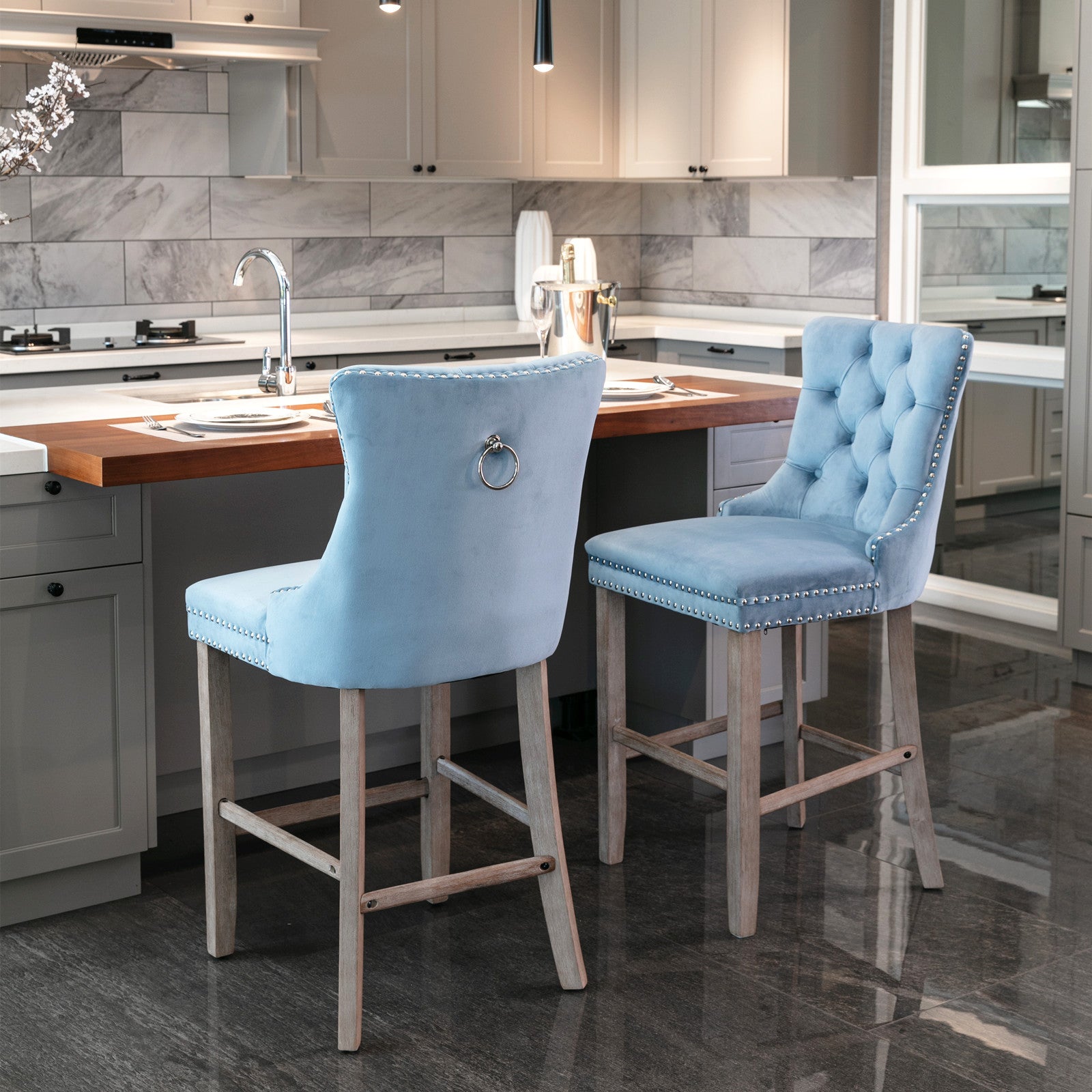 Modern Velvet Bar Stools with Button Tufted Back & Wooden Legs - Set of 2 Light Blue Bar Chairs with Chrome Nailhead Trim for Kitchen Island, Breakfast Bar & Home Decor (SW2002LB)