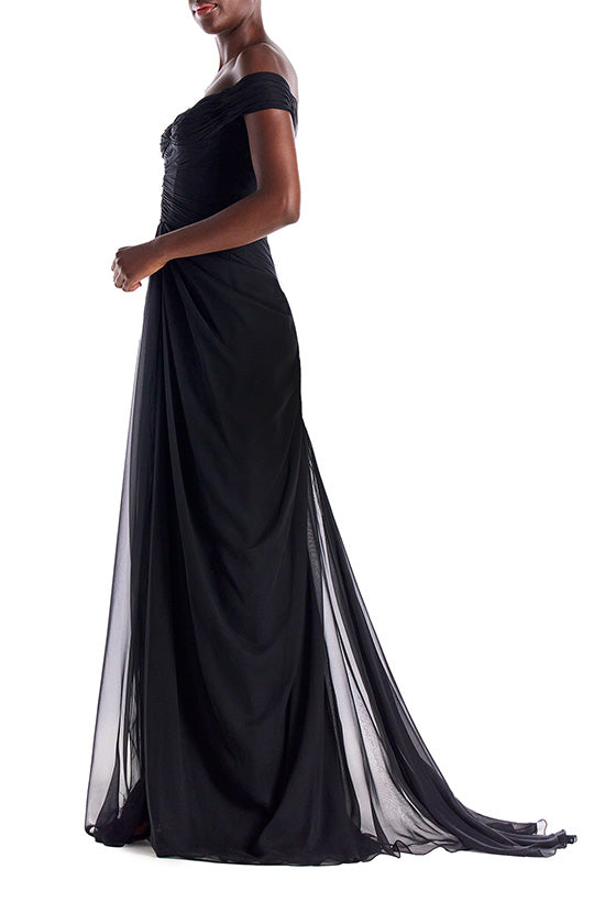 Elegant Off-the-Shoulder Draped Chiffon Gown for Women - Perfect for Evening Parties, Prom, and Special Occasions