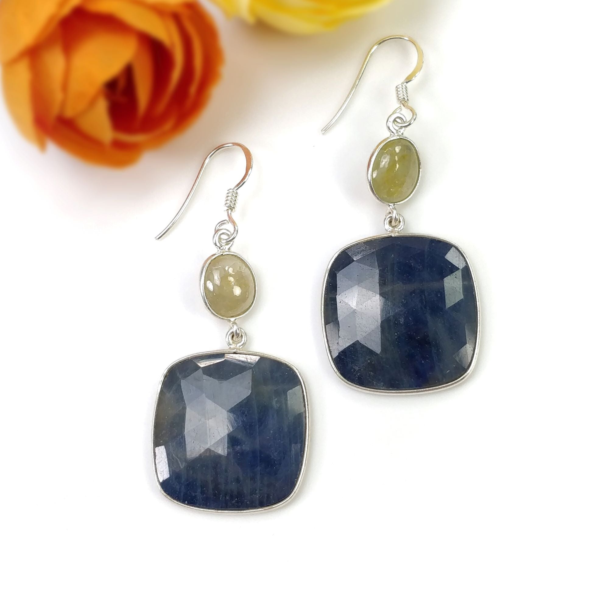 Natural Blue Yellow Sapphire Gemstone Earrings - 10.61gms Genuine Sapphire 925 Sterling Silver Drop Dangle Bezel Set Hook Earrings (2.25 Inches) - Perfect for Weddings, Parties & Special Occasions