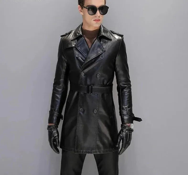 Premium Men's Genuine Leather Trench Coat - Classic Long Waterproof Windbreaker for Business, Dating & Outdoor Activities
