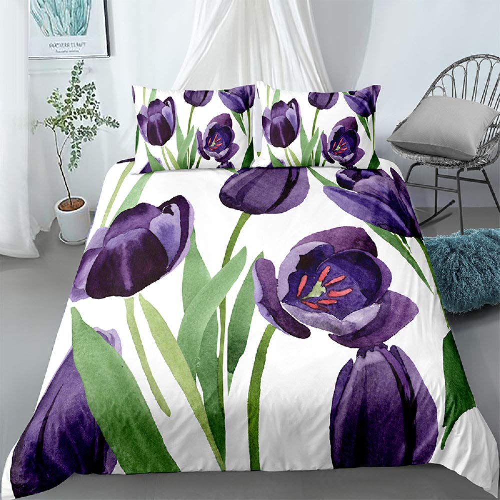 YJDCX King Size Comforter Set - Floral Print Luxury Microfiber Bedding | Ultra Soft Purple Tulip Duvet Cover | Queen (228x228cm) for Bedroom Decor | Perfect for Master Bedroom, Guest Room & Dorm