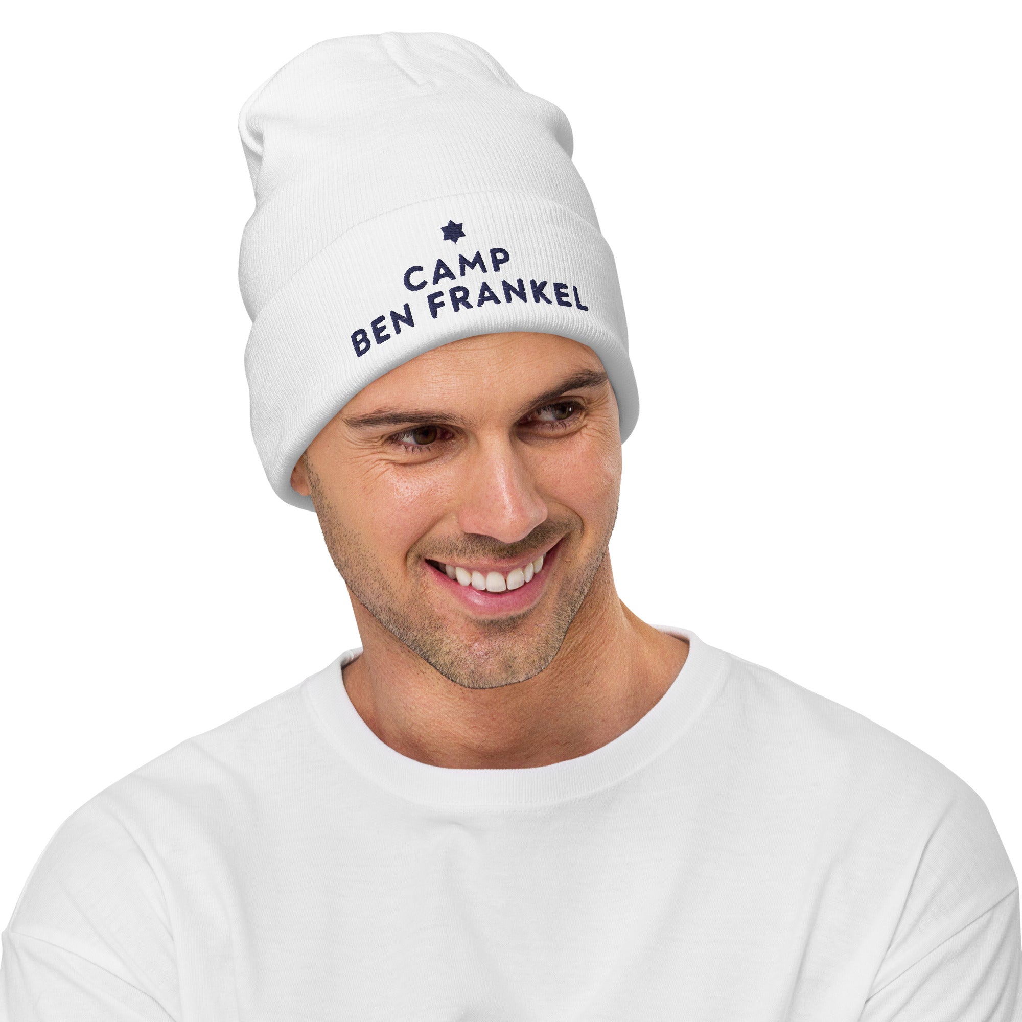 Ben Frankel Embroidered White Beanie - Winter Warm Knit Hat for Men & Women - Perfect for Skiing, Snowboarding & Outdoor Activities
