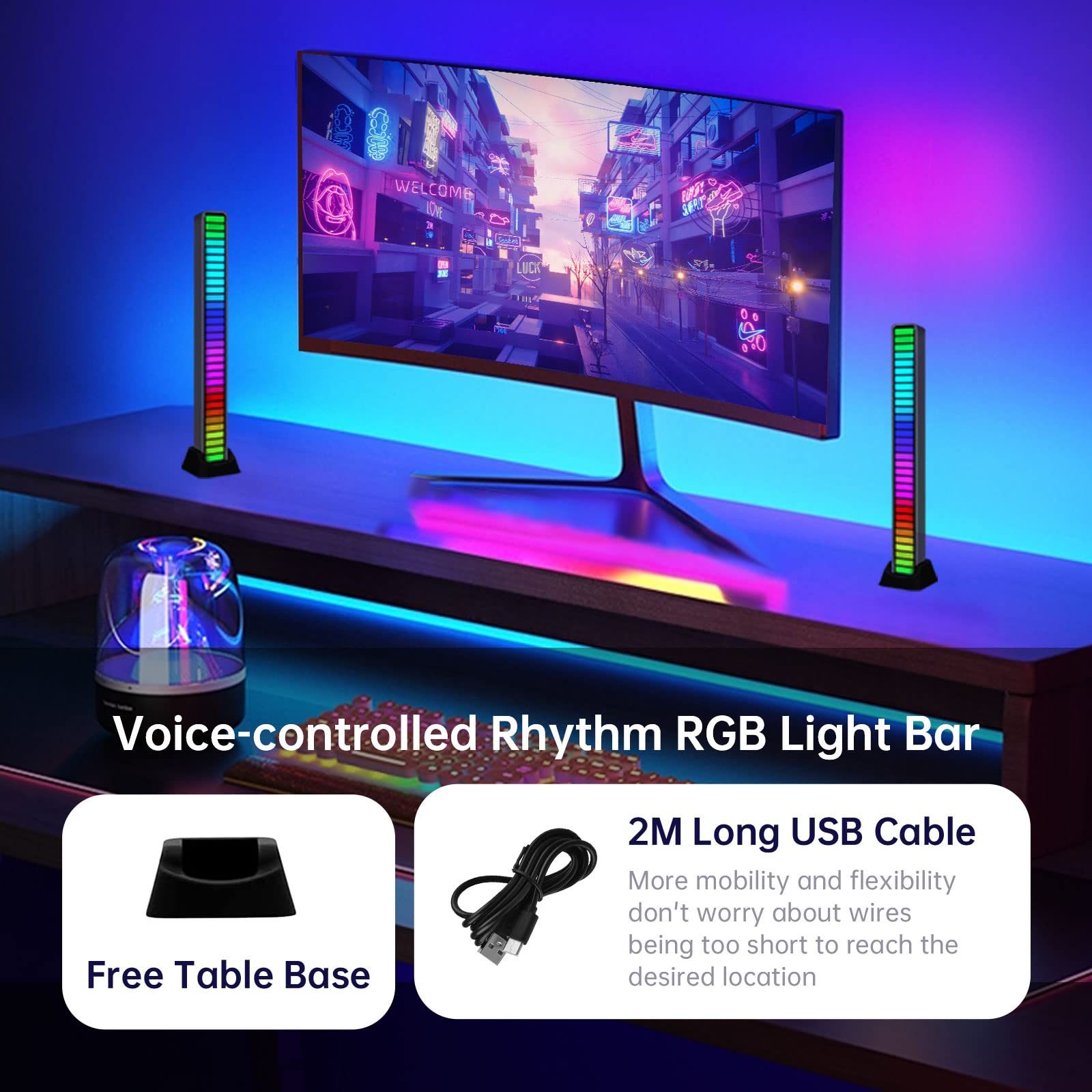 GINGO RGB Voice-Activated Music Light Bar - 32 Bit Audio Spectrum LED with Sound Control for Car, Desktop & Gaming Setup | Perfect for Vehicles, Parties & Home Entertainment
