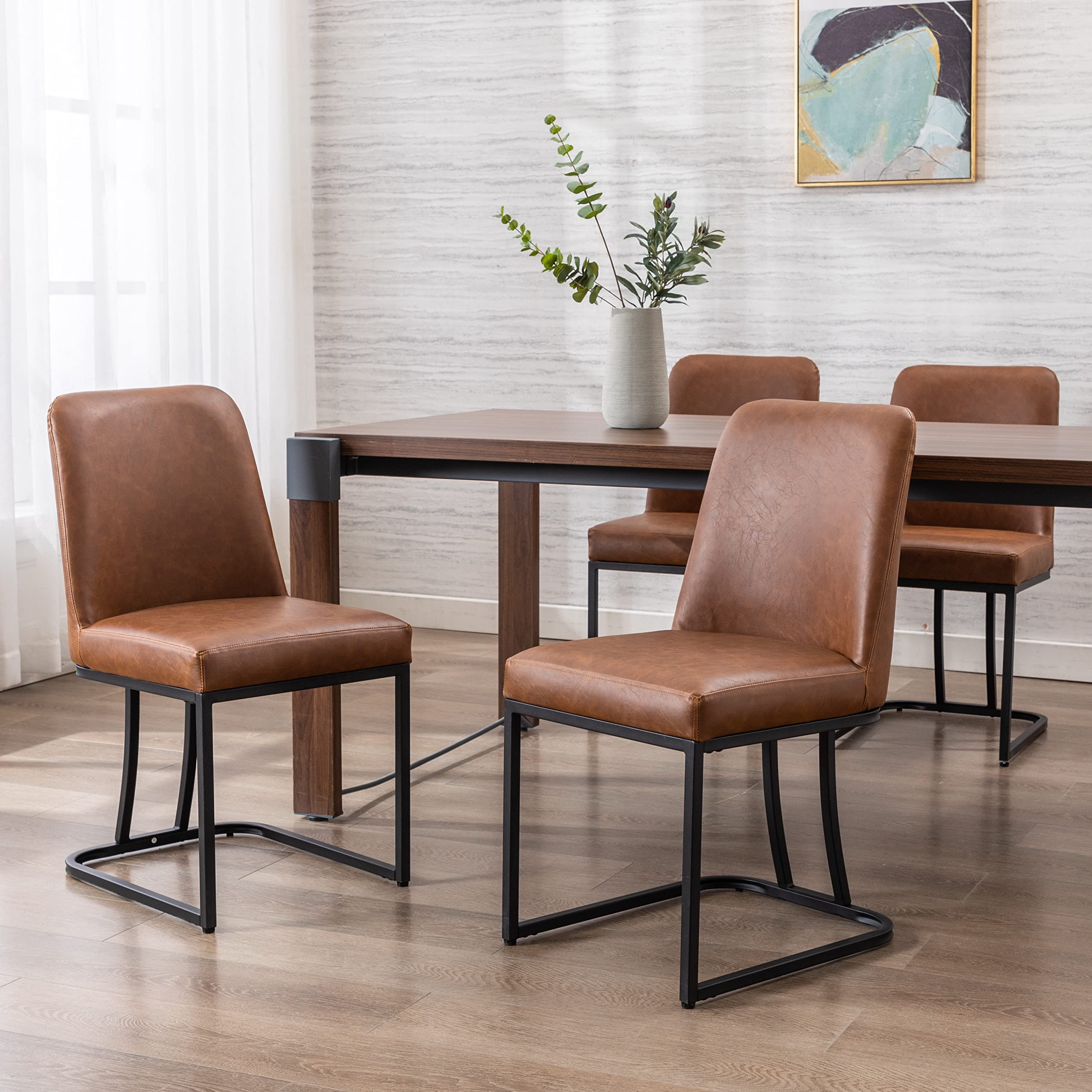 2-Piece Modern High Back Dining Chairs Set - Faux Leather Upholstered Armless Side Chairs for Dining Room & Living Room - Brown - Perfect for Small Spaces, Kitchen Nooks & Apartment Dining Areas