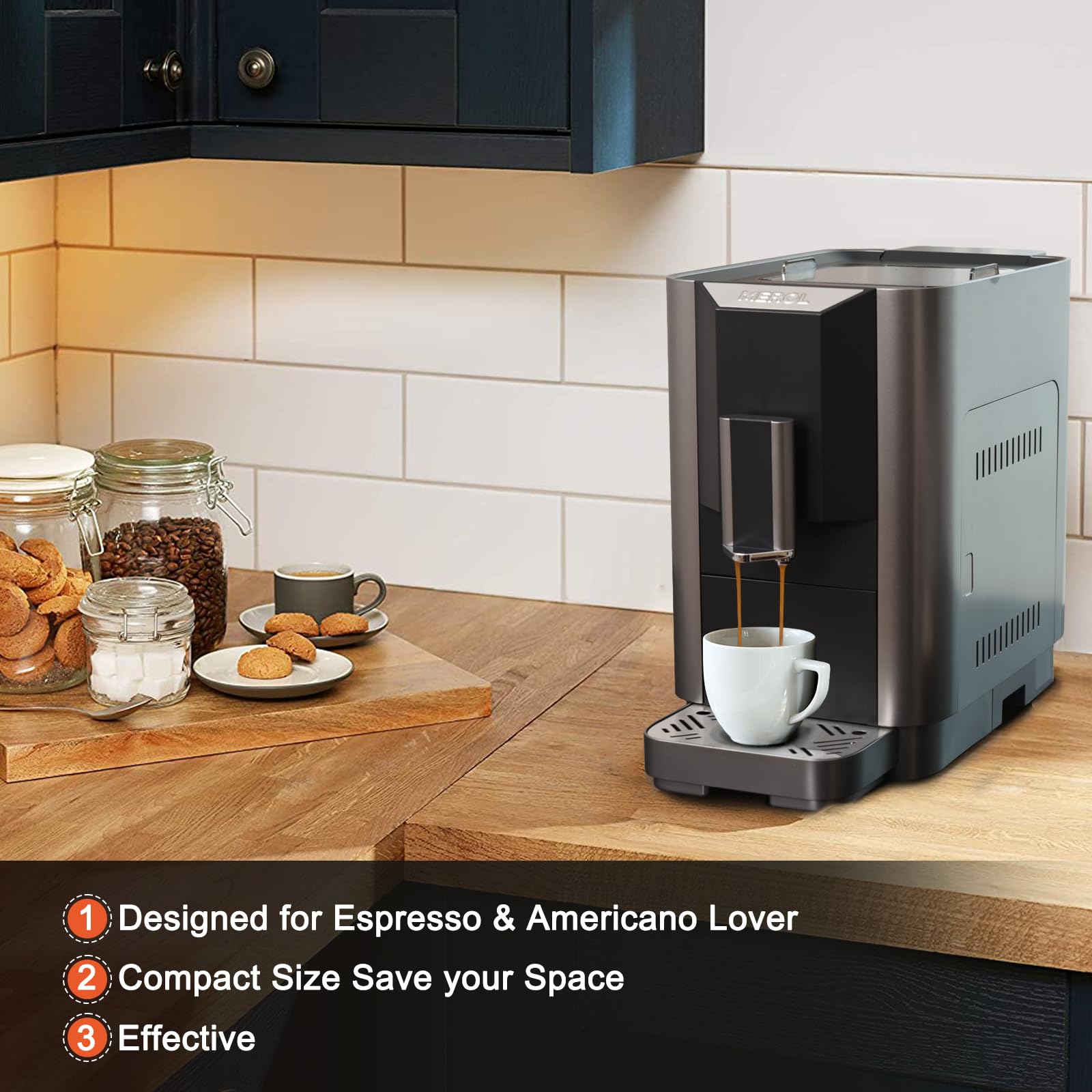 Fully Automatic Espresso Coffee Machine with Touch Screen - 19 Bar Pressure, Built-in Adjustable Grinder, Compact Home & Office Coffee Maker (ME-720, Grey/Silver) - Perfect for Coffee Lovers, Baristas & Small Cafes