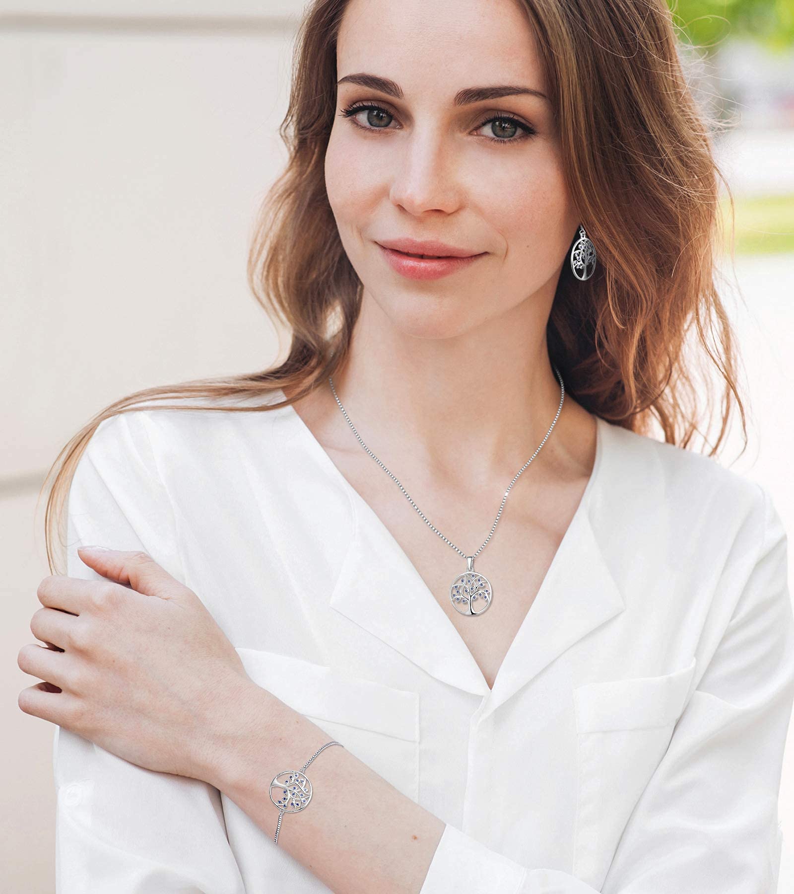 YL Tree of Life Pendant Necklace & 925 Sterling Silver Tanzanite Dangle Earrings Set - Round Family Jewelry Gift for Women | Perfect for Anniversaries, Birthdays, and Special Occasions