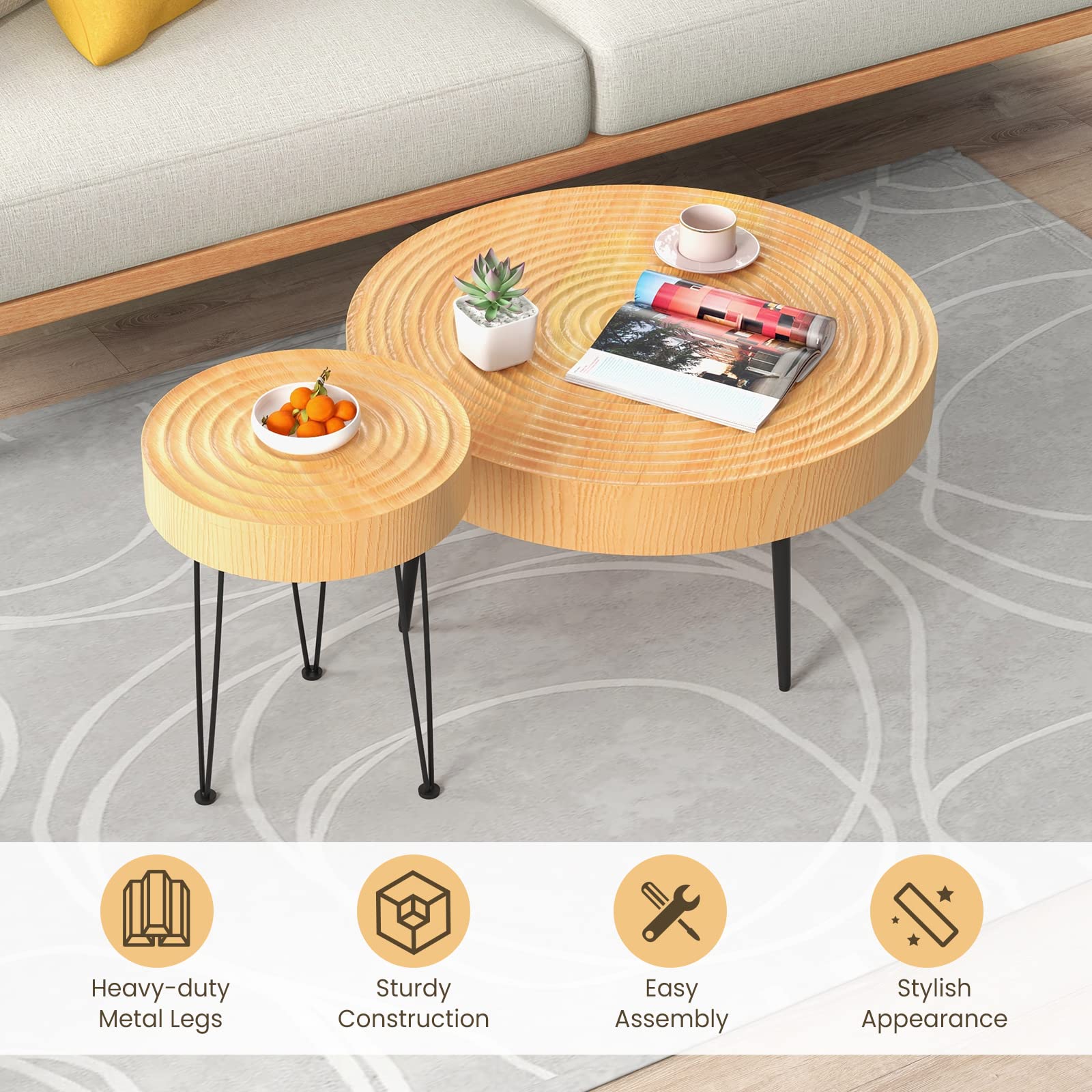 GOFLAME Round Coffee Table Set of 2 - Farmhouse Boho End Tables with Natural Wood Finish & Wood Ring Design, Solid Wood Nesting Side Tables with Sturdy Metal Legs & Adjustable Foot Pads - Perfect for Living Room, Bedroom, Dorm or Office Decor