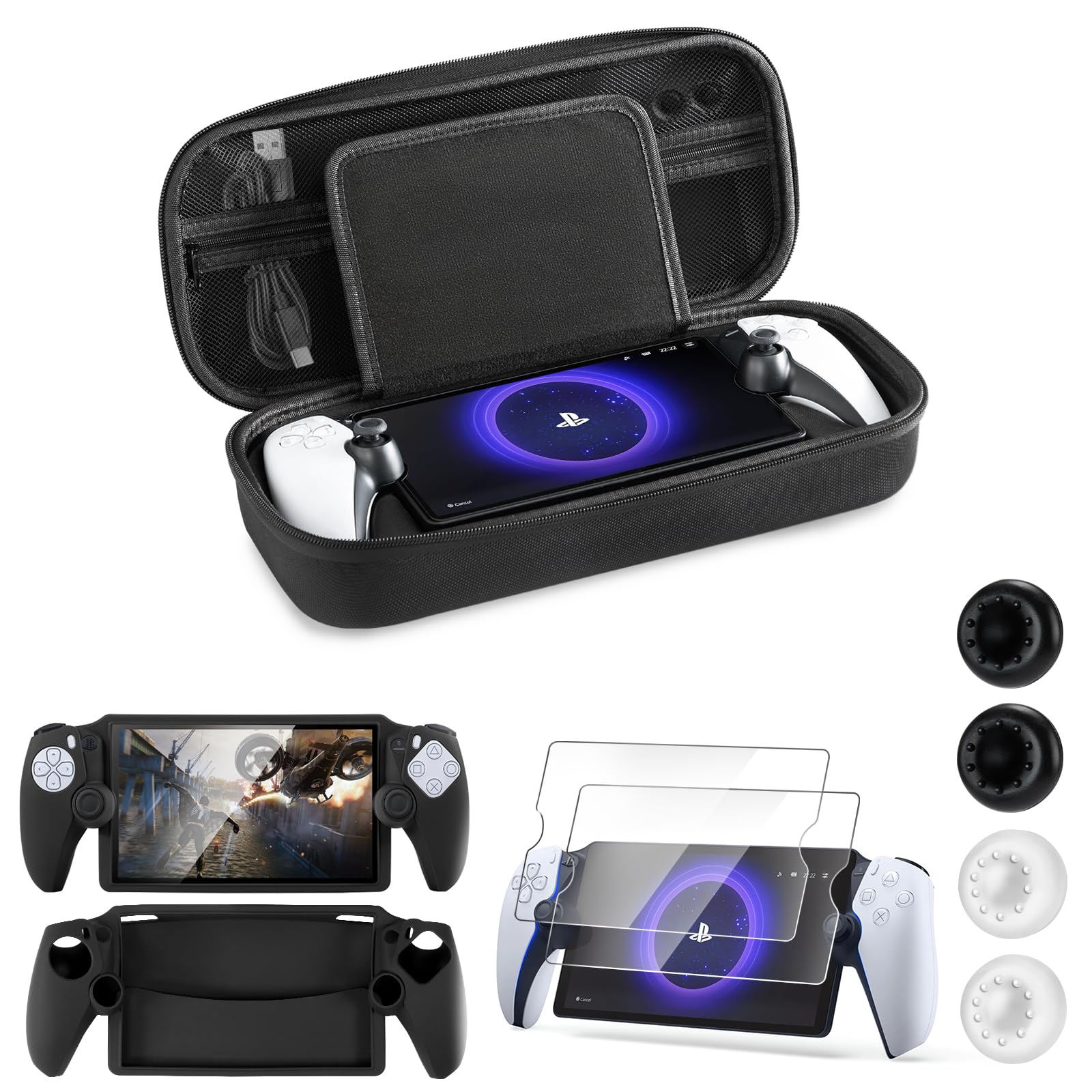 CoBak Hard Protective Carrying Case for PlayStation Portal Remote Player - Includes 2 Screen Protectors, 1 Grip Case, 4 Thumb Grip Caps | Durable PS5 Portal Cover | Perfect for Travel, Gaming Sessions & Storage (Black)