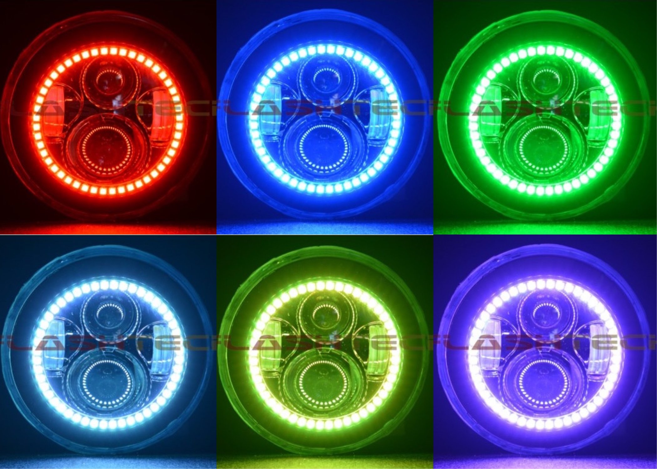 Flashtech LED RGB Multi-Color Halo Ring Headlight Kit with Bluetooth RF Remote & App Control - Compatible with Jeep Wrangler 2007-2017 | Off-Road Lighting for Night Driving & Custom Car Styling
