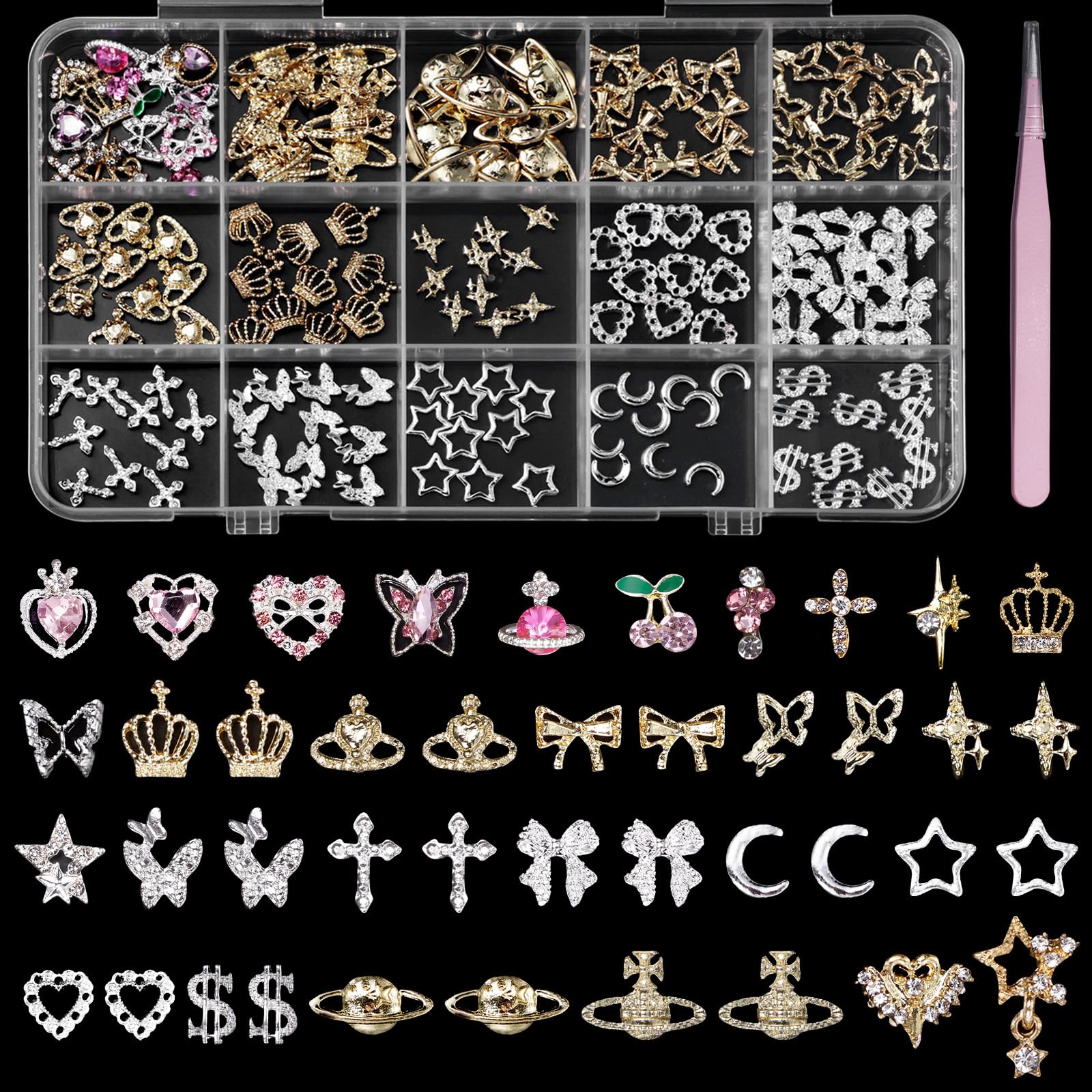 154 Pcs Alloy Star Cross Nail Gems Charms - Silver Gold Bow Crown Butterfly 3D Nail Jewelry for DIY Nail Art | Perfect for Manicures, Pedicures, and Nail Decoration Parties