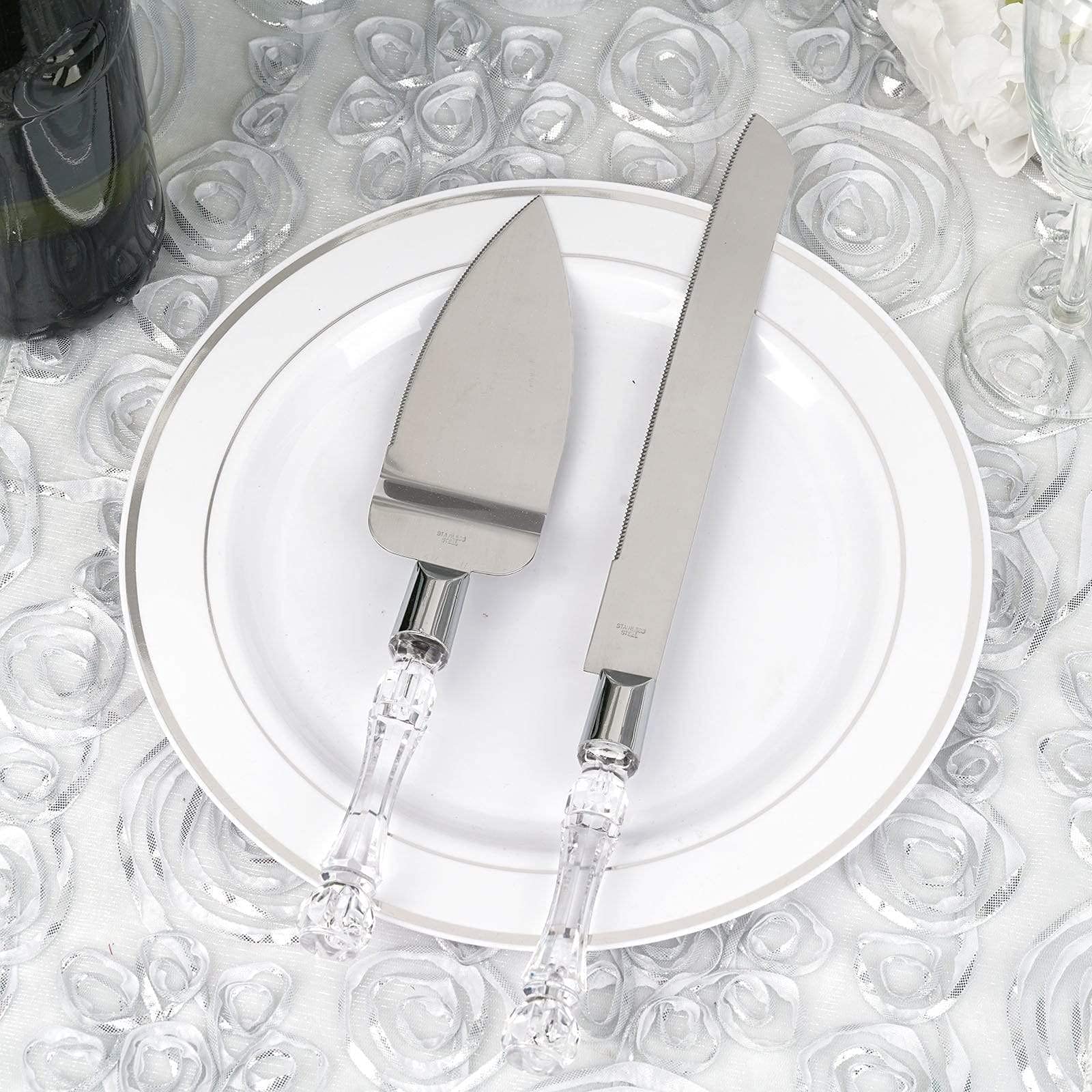 Elegant Balsa Wood Silver & Clear Crystal Cake Knife and Server Set - Perfect for Weddings, Anniversaries, and Special Occasion Dessert Serving