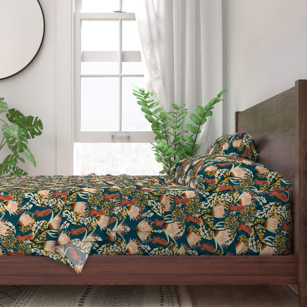 Spoonflower 100% Cotton Twin Sheet Set 3pc - Bohemian Floral Print with Protea Flowers & Butterflies | Soft Blush Rust Stripe Bedding for Cozy Boho Bedroom Decor