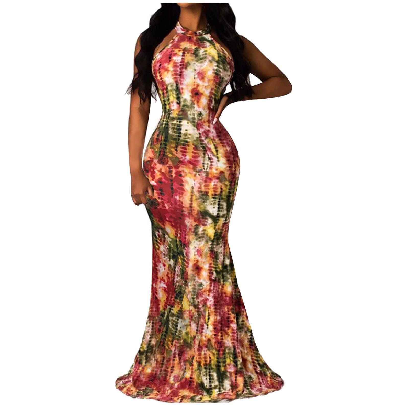 Women's Summer Sundresses 2022 - Sexy Sleeveless Tie-Dye Print Halterneck Button Long Dress | A-Line Wrap Cocktail & Wedding Guest Dress | Perfect for Beach Vacations, Parties & Outdoor Events