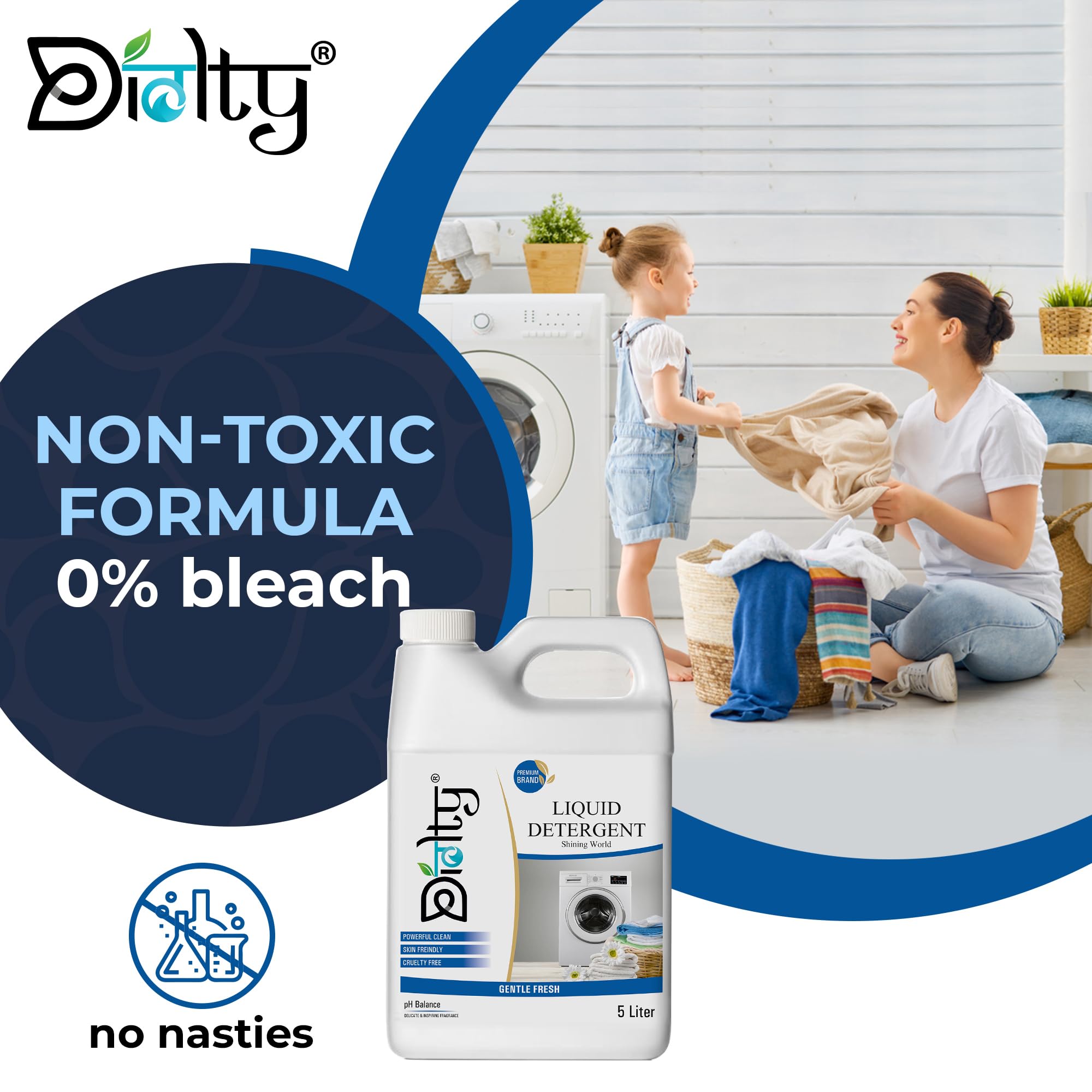 Diolty Liquid Laundry Detergent - 5L Eco-Friendly, Biodegradable & Non-Toxic for Top Load & Front Load Washing Machines | Fresh Scent | Perfect for Families, College Dorms & RV Travel