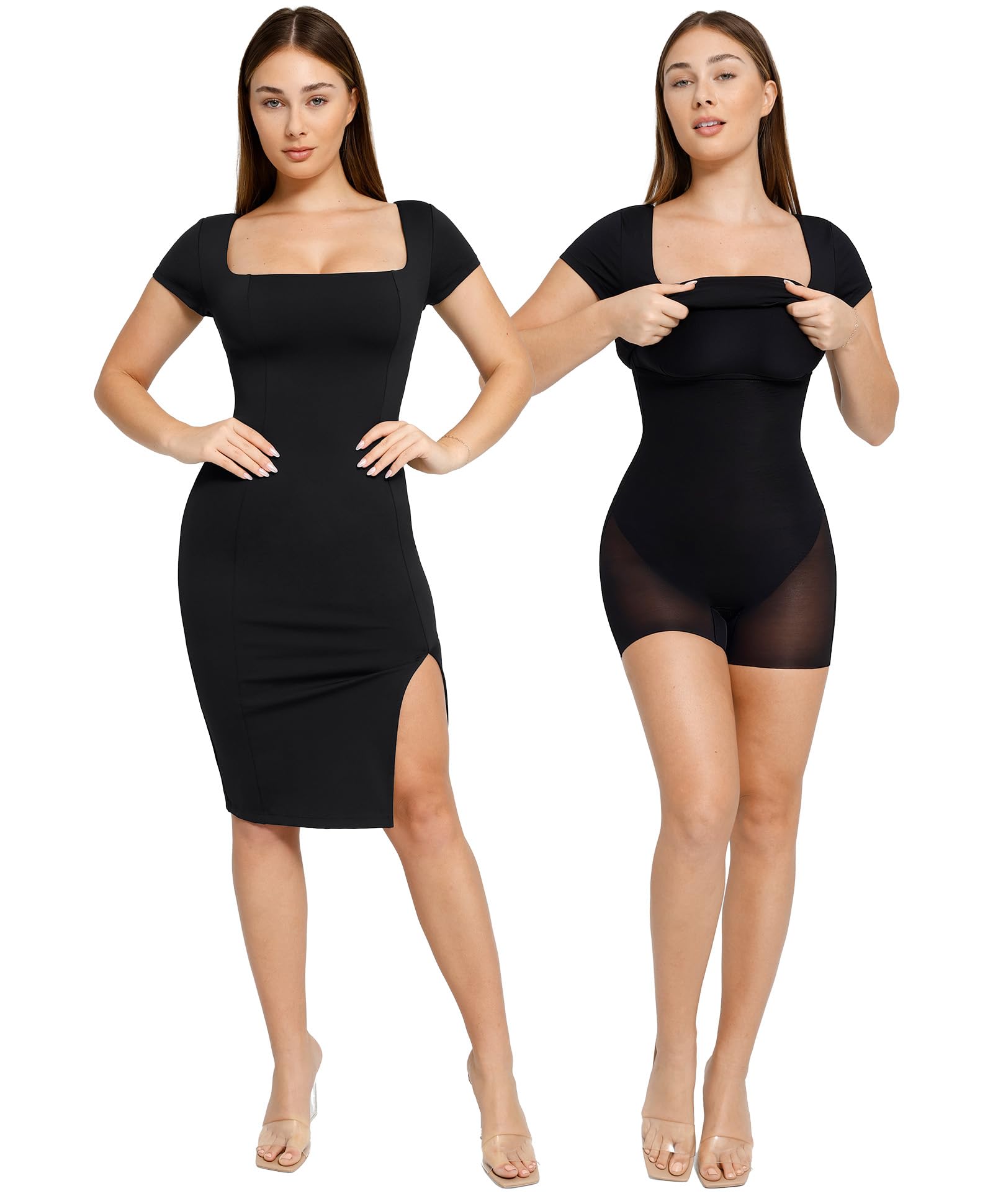 Popilush Women's Summer Cocktail Dress with Shapewear - Bodycon Midi Dress, Short Sleeve & Square Neck | Perfect for Parties, Date Nights & Special Occasions