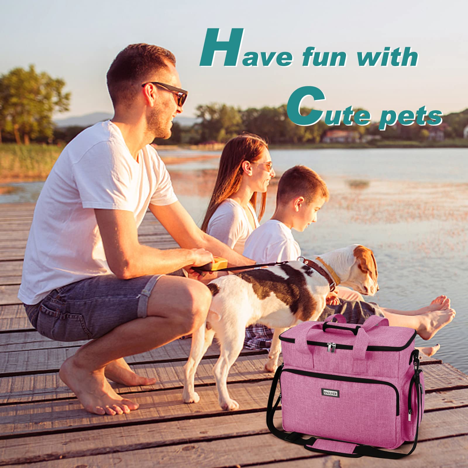 BAGLHER Dog Travel Bag - Waterproof Pet Carrier with 2 Food Containers & Collapsible Bowls | Essential Travel Accessories for Dogs & Cats | Perfect for Road Trips, Airplane Travel & Outdoor Adventures (Pink)
