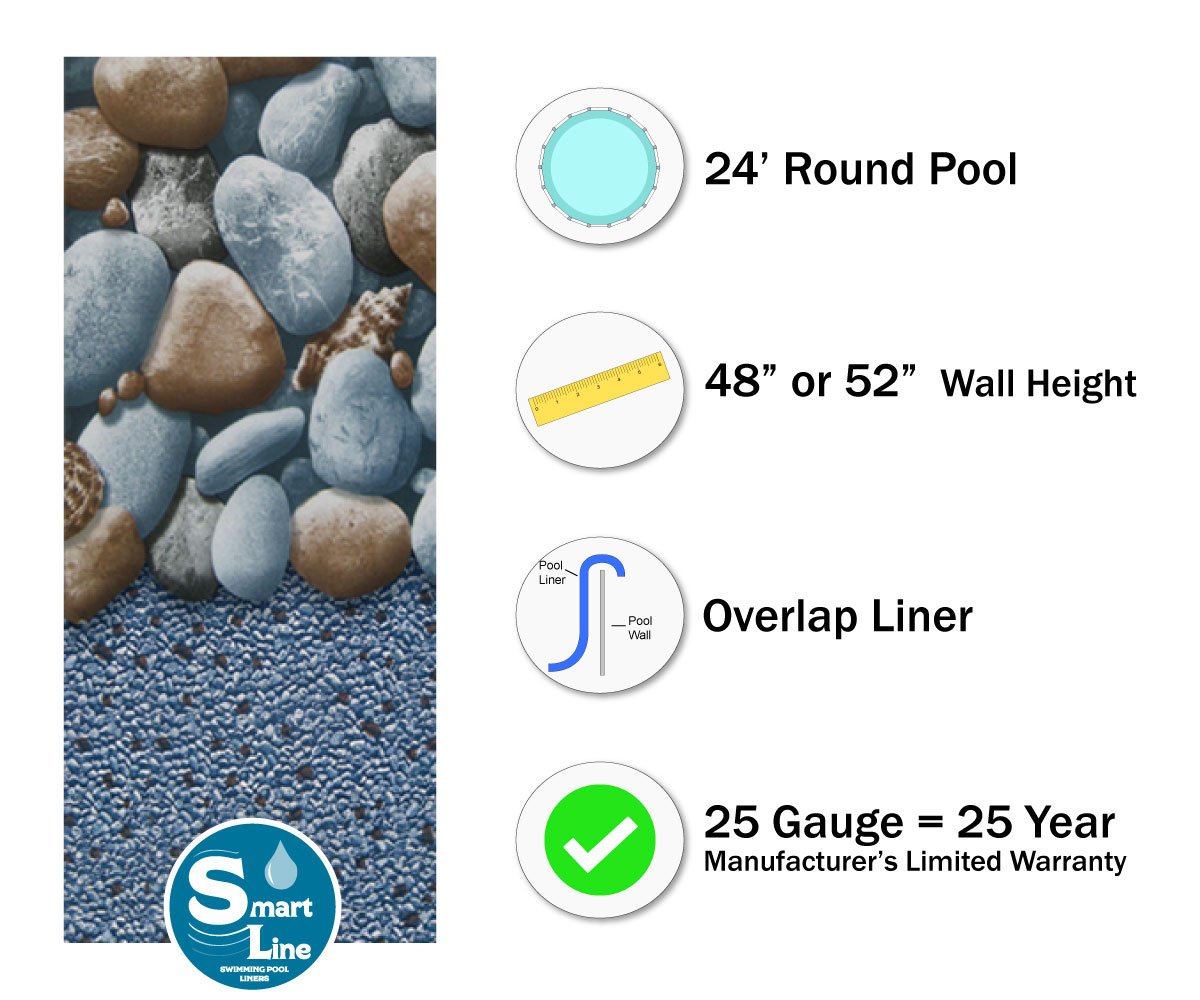 Smartline Rock Island 24-Foot Round Above Ground Pool Liner | 48-52 Inch Overlap Style | 25 Gauge Durable Virgin Vinyl | Universal Gasket Kit Included | Perfect for Steel Sided Swimming Pools, Backyard Pool Upgrades & Summer Family Fun