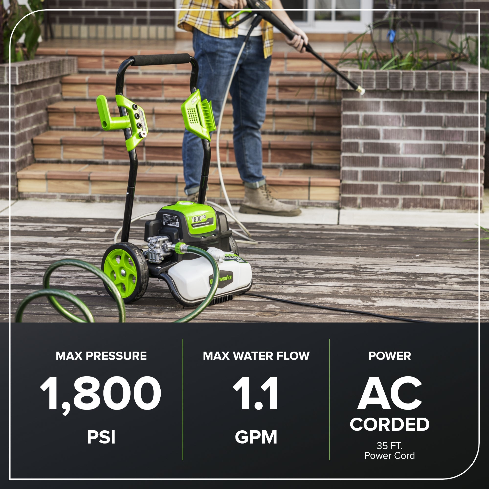 1800 PSI 1.1 GPM Electric Pressure Washer - Open Frame Design for Home & Car Cleaning - Perfect for Driveways, Patios, and Outdoor Surfaces