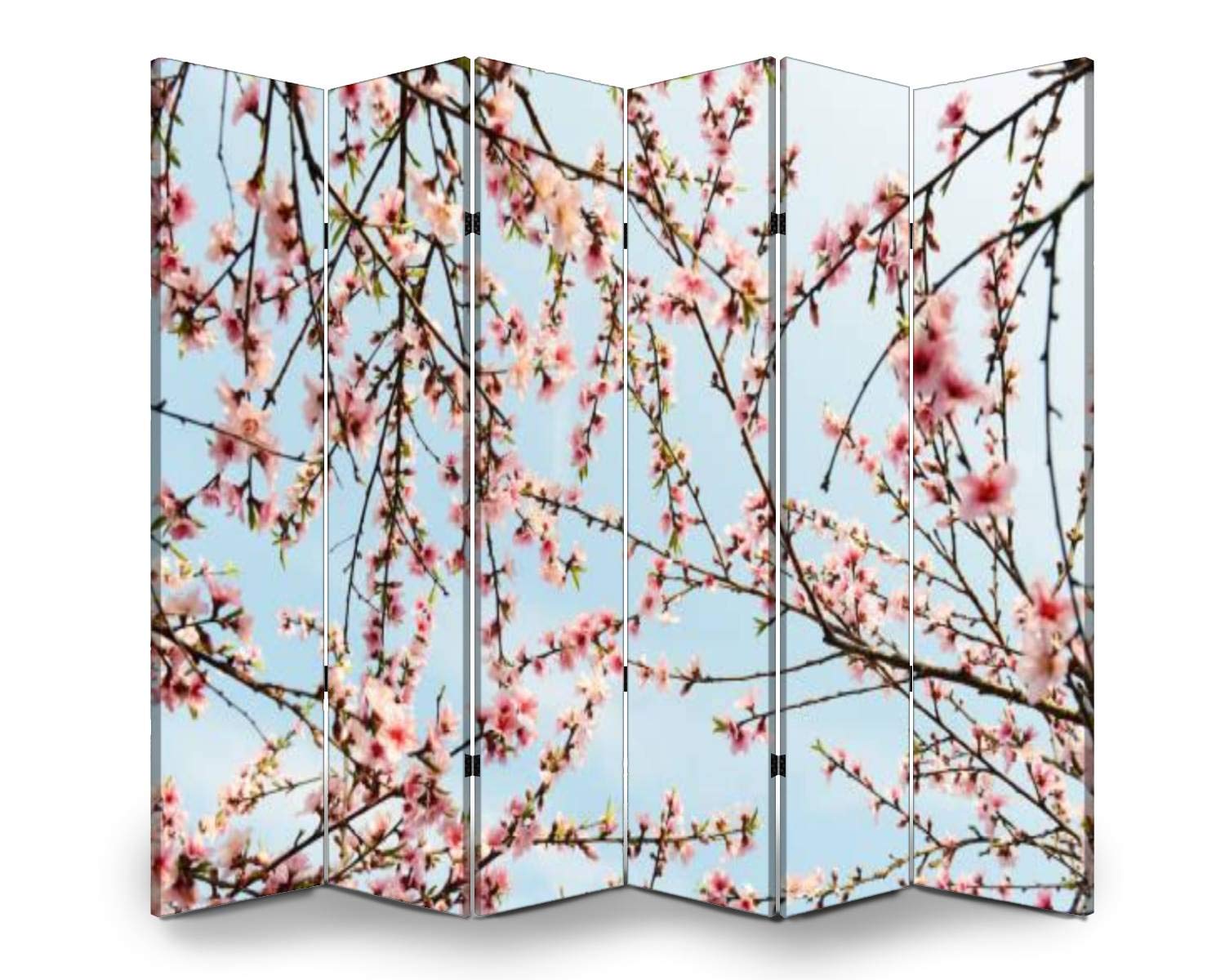 6-Panel Wooden Folding Room Divider - Peach Blossom Mountain Landscape Canvas Privacy Screen - Dual-Sided Partition for Home & Office Decor | Perfect for Living Room, Bedroom, and Studio Spaces