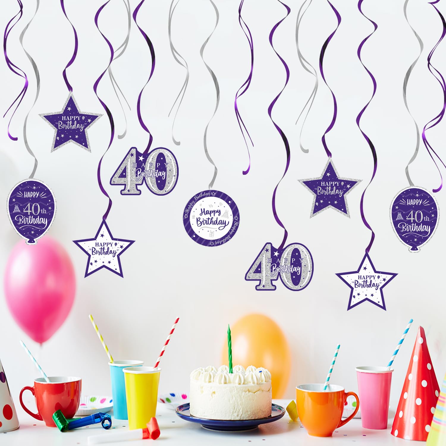 40th Birthday Party Decorations - 15 Pcs Purple & Silver Glitter Swirl Streamers Kit for Hanging Decor, Perfect for 40th Birthday Sign, Backdrop, Wall & Ceiling Decorations | Great for Anniversary Celebrations, Milestone Parties & Festive Events