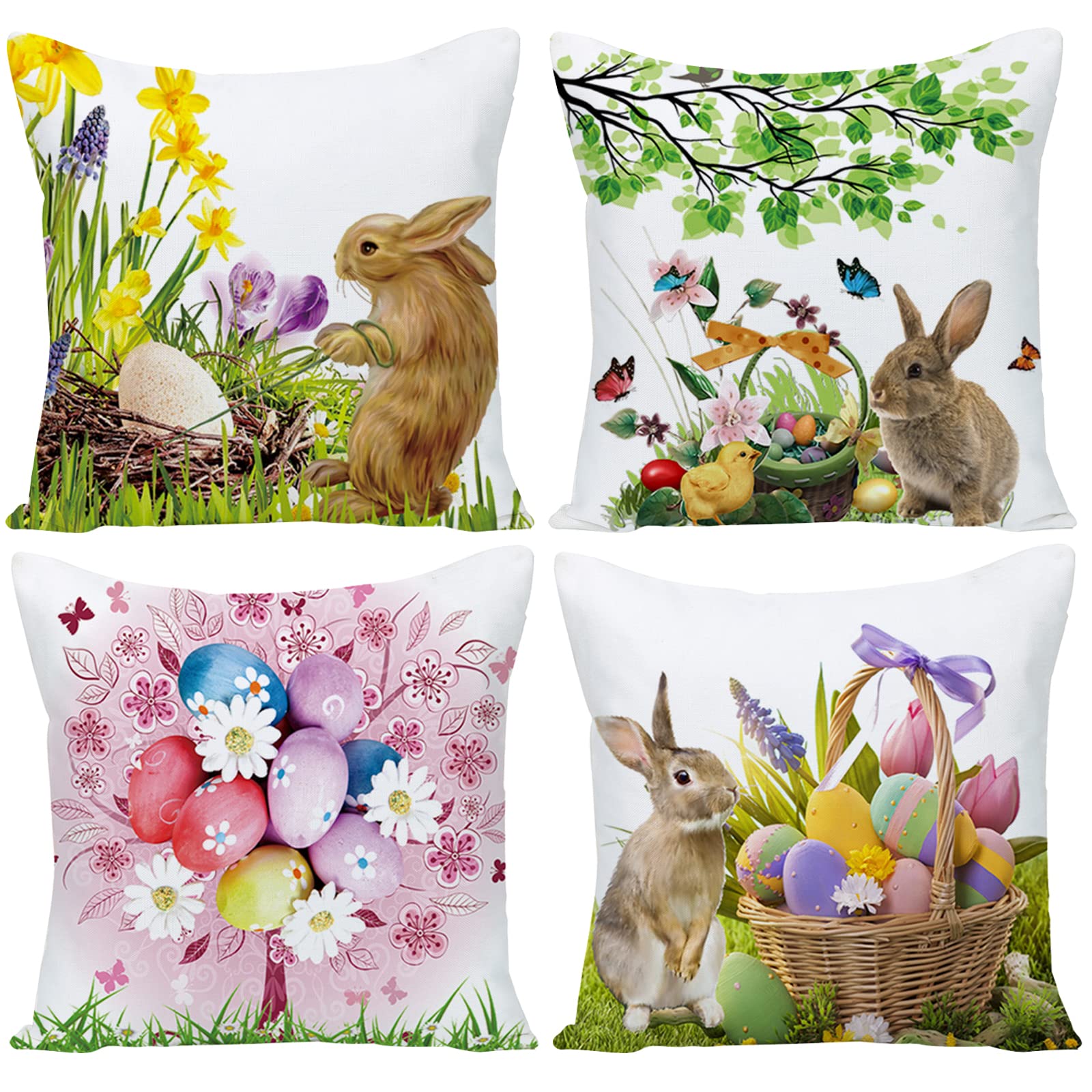Easter Pillow Covers 20x20 Inch - Happy Easter Eggs, Tree, Bunny Rabbit & Spring Flowers Decorative Throw Pillow Cases for Sofa, Couch, Bed, Office, Car - Perfect for Easter Home Decor & Spring Season Celebrations