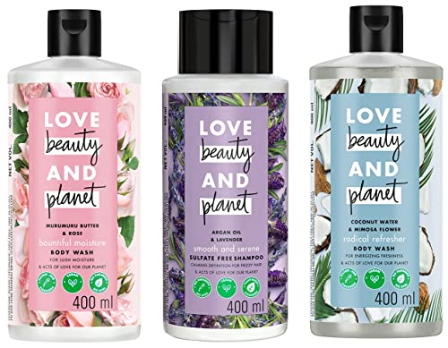 Love Beauty & Planet Sulfate-Free Argan Oil & Lavender Smooth & Serene Shampoo 400ml - Hydrating Hair Care for Dry & Frizzy Hair - Perfect for Daily Use & Relaxing Bath Time    Love Beauty & Planet Moisturizing Body Wash 400ml - Nourishing Shower Gel with Natural Oils - Ideal for Soft Skin & Spa-Like Experience at Home    Love Beauty & Planet Body Wash 400ml - Gentle Cleansing & Hydrating Formula - Great for Sensitive Skin & Refreshing Morning Showers
