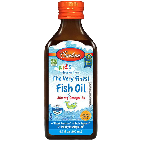 Carlson Labs Kid's The Very Finest Fish Oil - 800mg Omega-3 Supplement with Natural Orange Flavor, 200ml Bottle | Supports Brain Development & Immune Health for Children