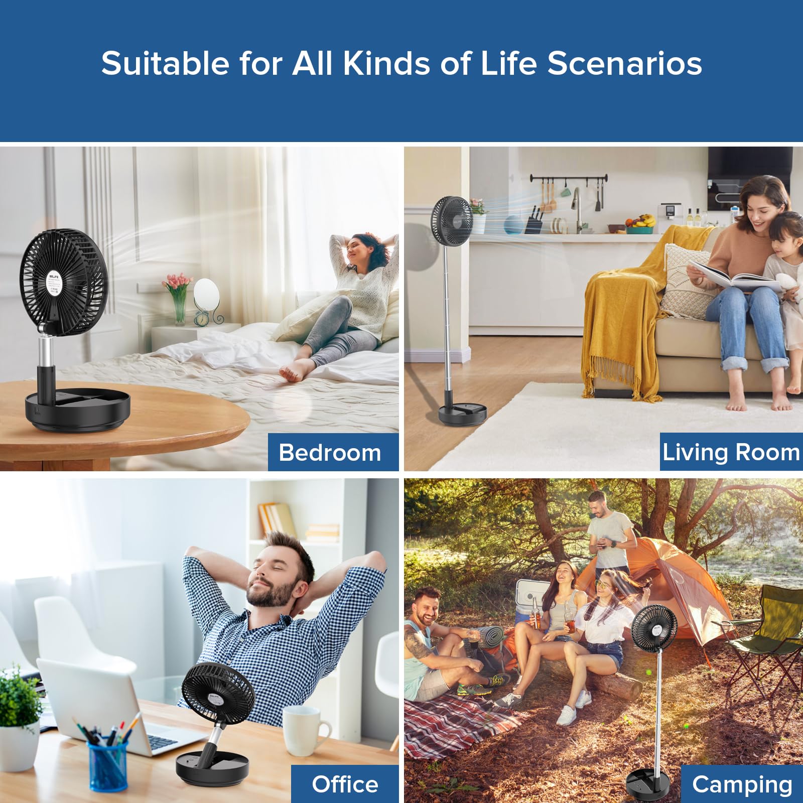 Belife X8 Portable Fan - 7200mAh Rechargeable Battery, USB-Powered Oscillating Desk/Floor Fan with Remote Control, Foldable & Telescopic Design for Home, Office, Camping & Travel - 7.7 Inch Black | Perfect for Sleeping, Bedroom Cooling & Outdoor Activities