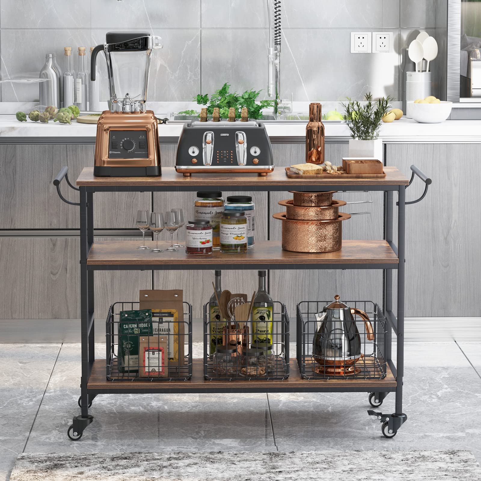 Soges 3-Tier Rolling Kitchen Island Cart with Wheels - 45.3 Inch Mobile Bar Cart with 3 Removable Baskets, Brake Casters & Towel Rack - Perfect for Kitchen Storage, Serving, and Entertaining