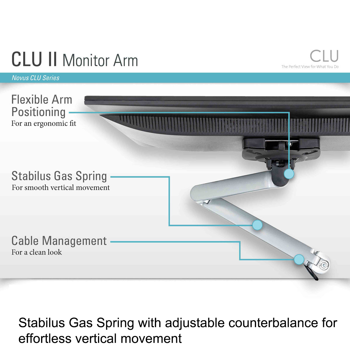 CLU Single Screen Deluxe Monitor Arm with Extended Reach - Ergonomic Adjustable Desk Mount for Home Office & Gaming Setup