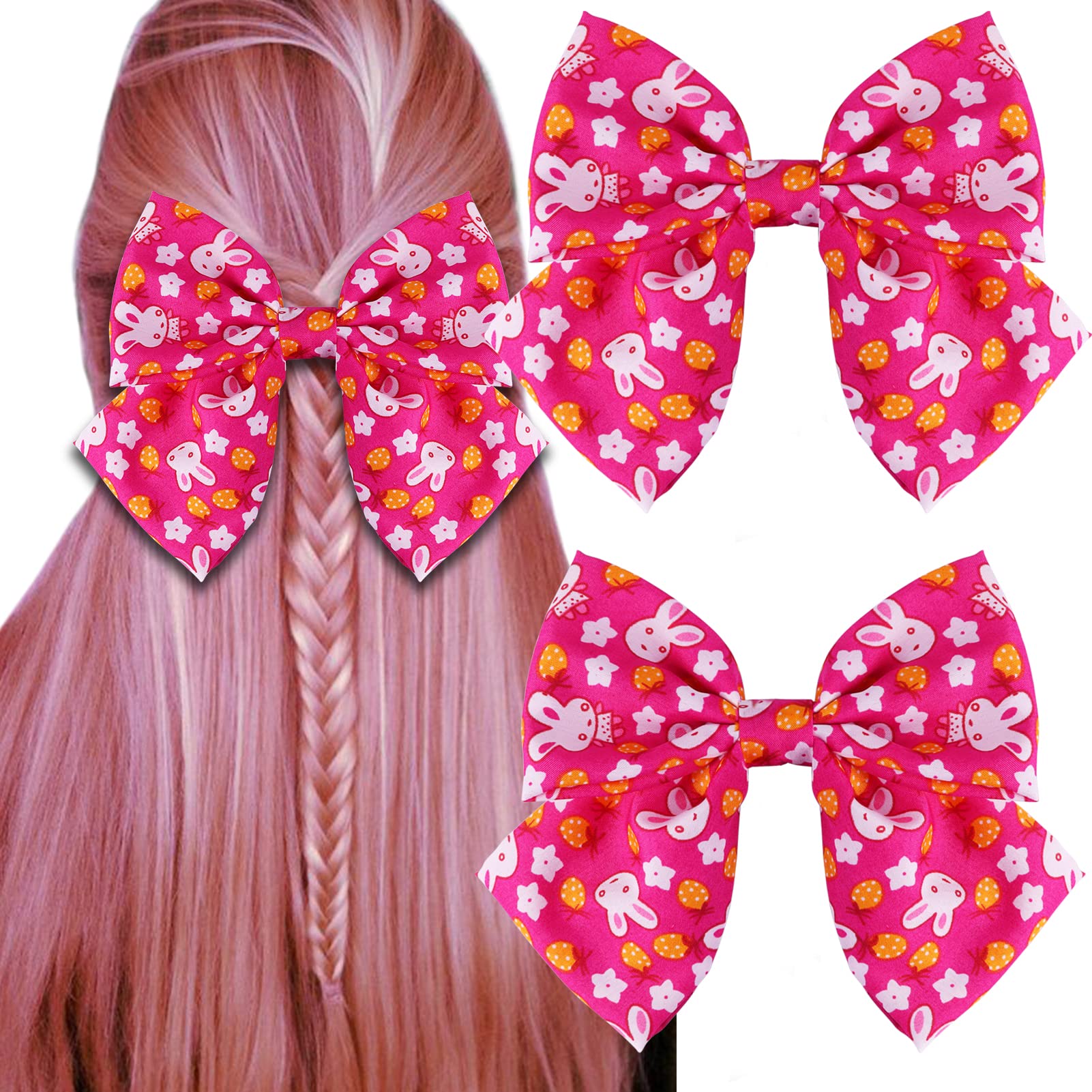 Cute Big Bow Hair Clips for Girls - 2pcs French Hair Bows with Easter Rabbit Design, Soft Satin Barrettes & Scrunchies Hair Accessories (Rose Clips) - Perfect for School, Parties, and Everyday Styling